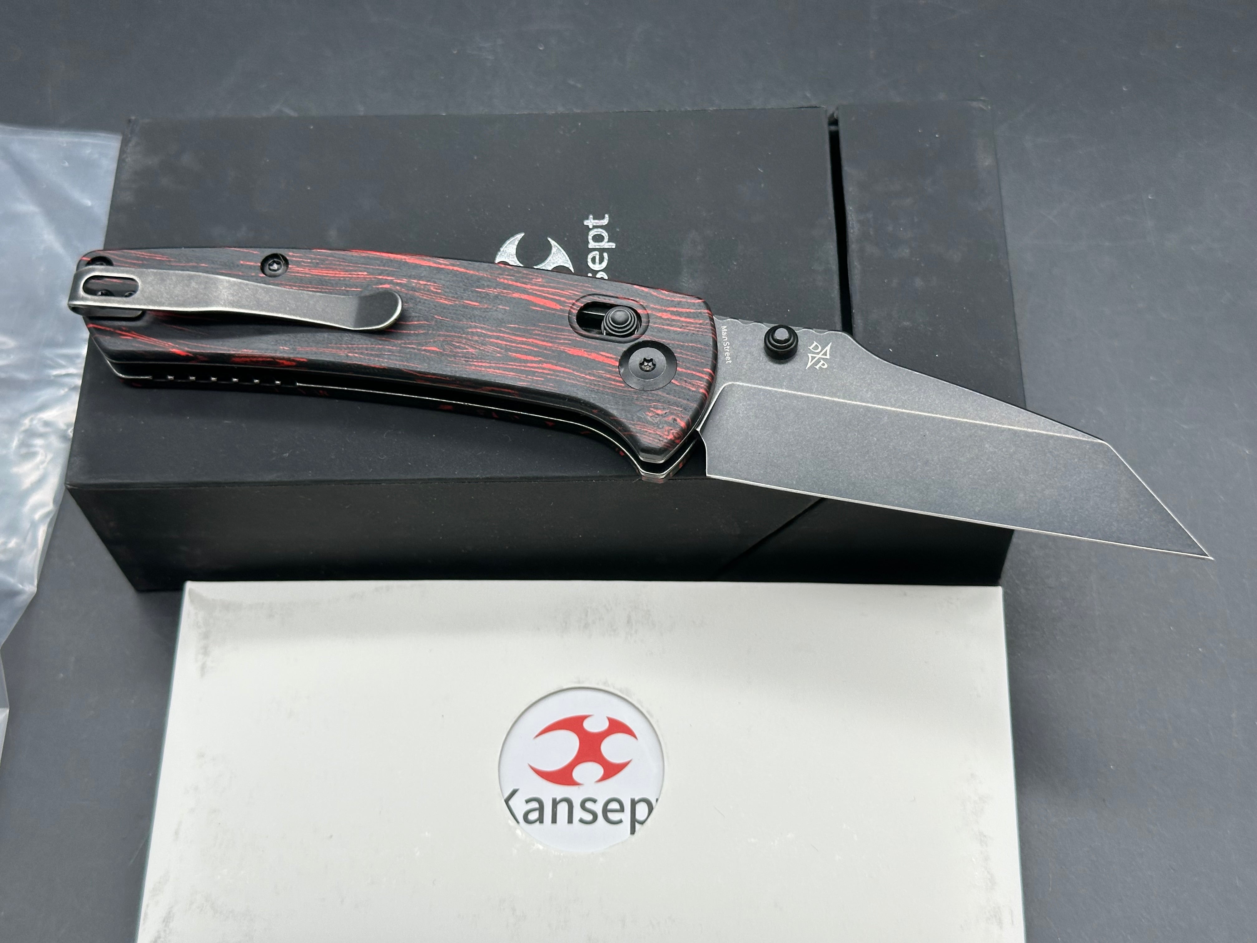 Kansept Knives Dirk Pinkerton Main Street 3.36" 154CM Black Wharncliffe Blade, Red G-Mascus Handles