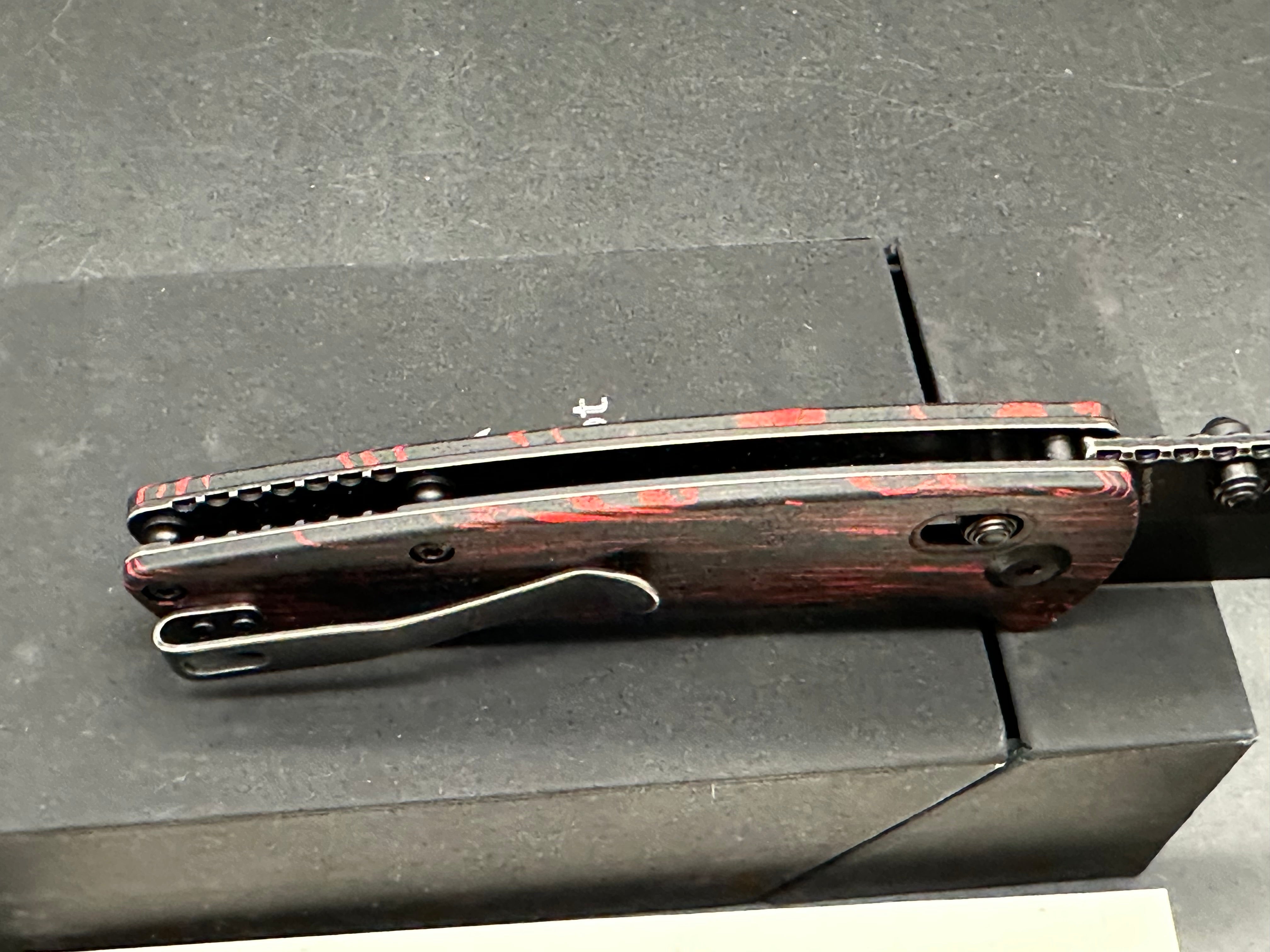 Kansept Knives Dirk Pinkerton Main Street 3.36" 154CM Black Wharncliffe Blade, Red G-Mascus Handles