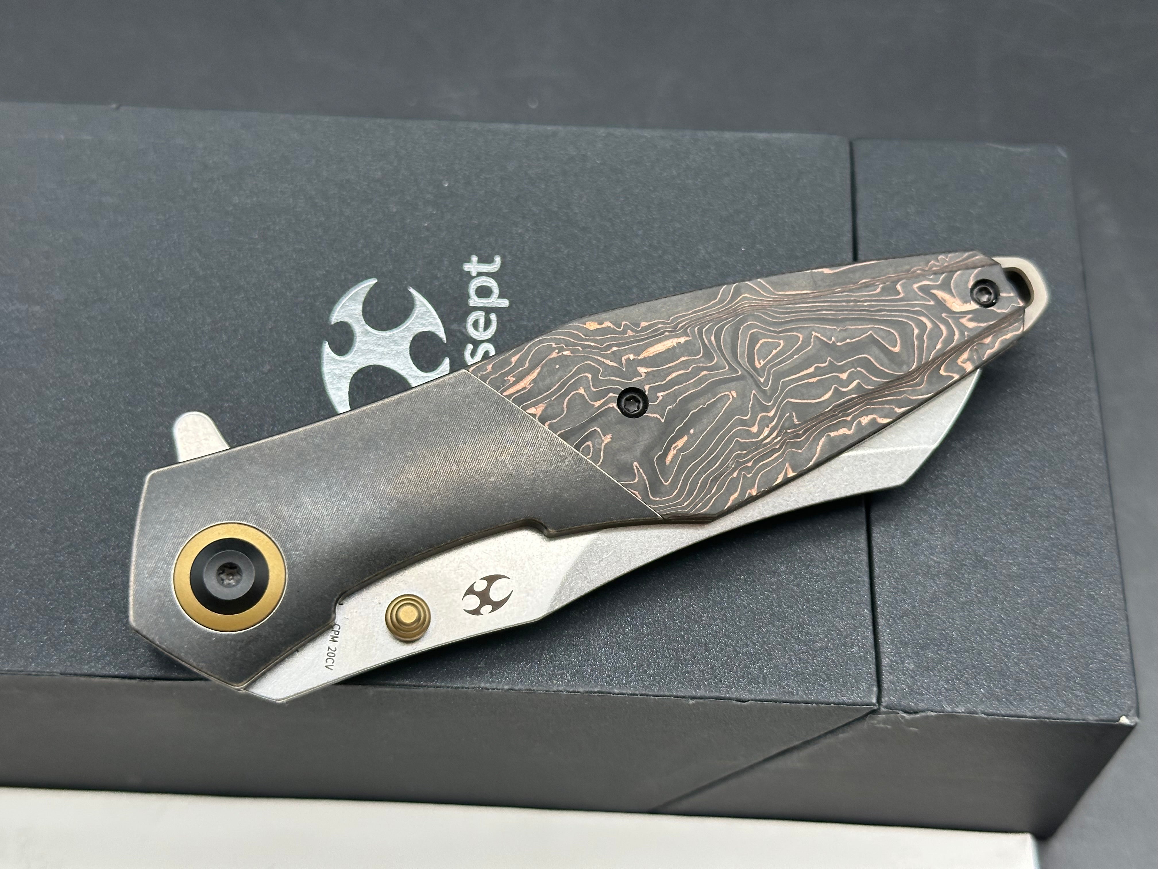 Kansept Knives Jonathan Styles Mistaken 3.15" CPM-20CV Modified Wharncliffe Blade, Black Titanium Handles with Copper Carbon Fiber Inlays
