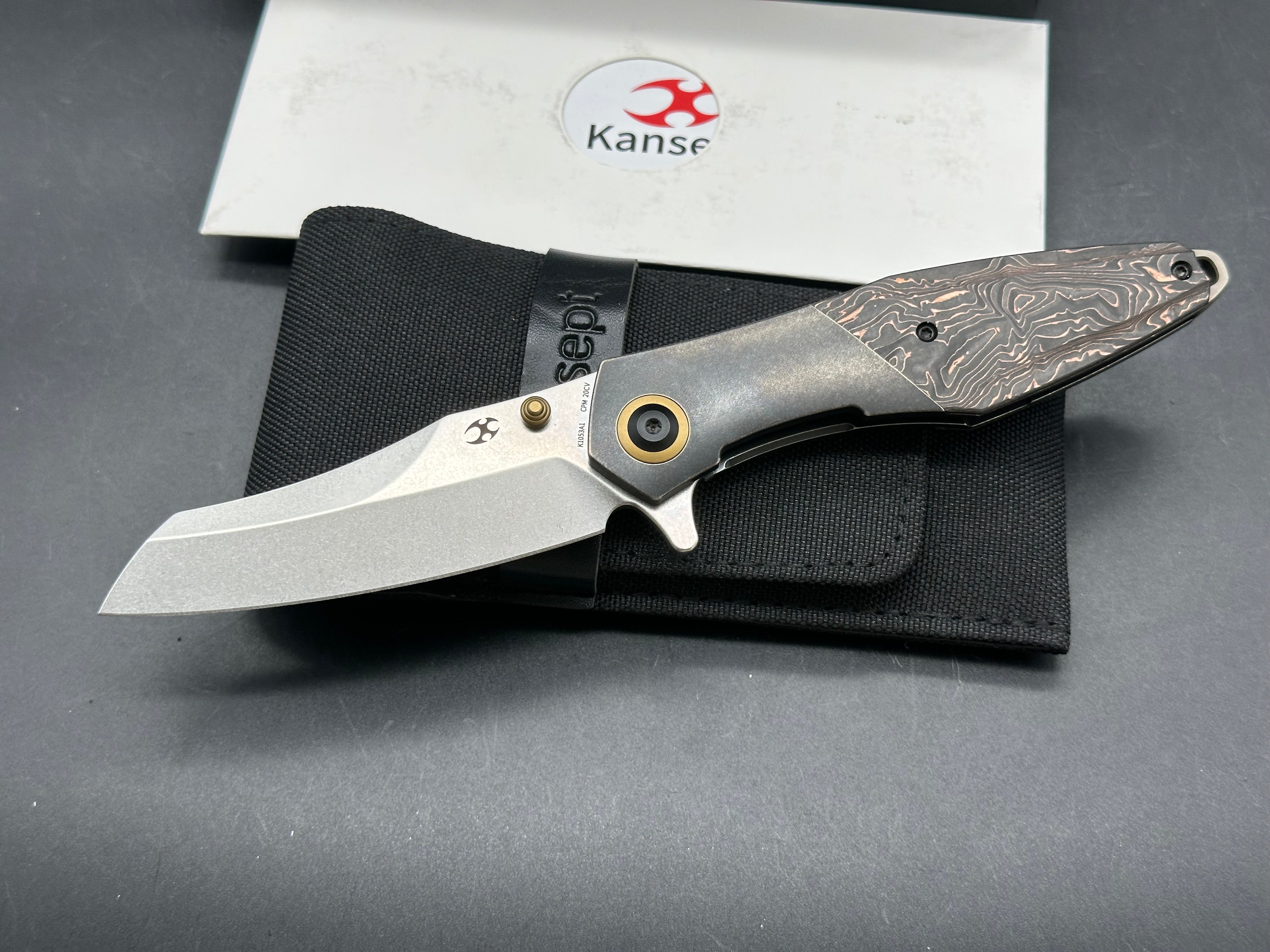 Kansept Knives Jonathan Styles Mistaken 3.15" CPM-20CV Modified Wharncliffe Blade, Black Titanium Handles with Copper Carbon Fiber Inlays