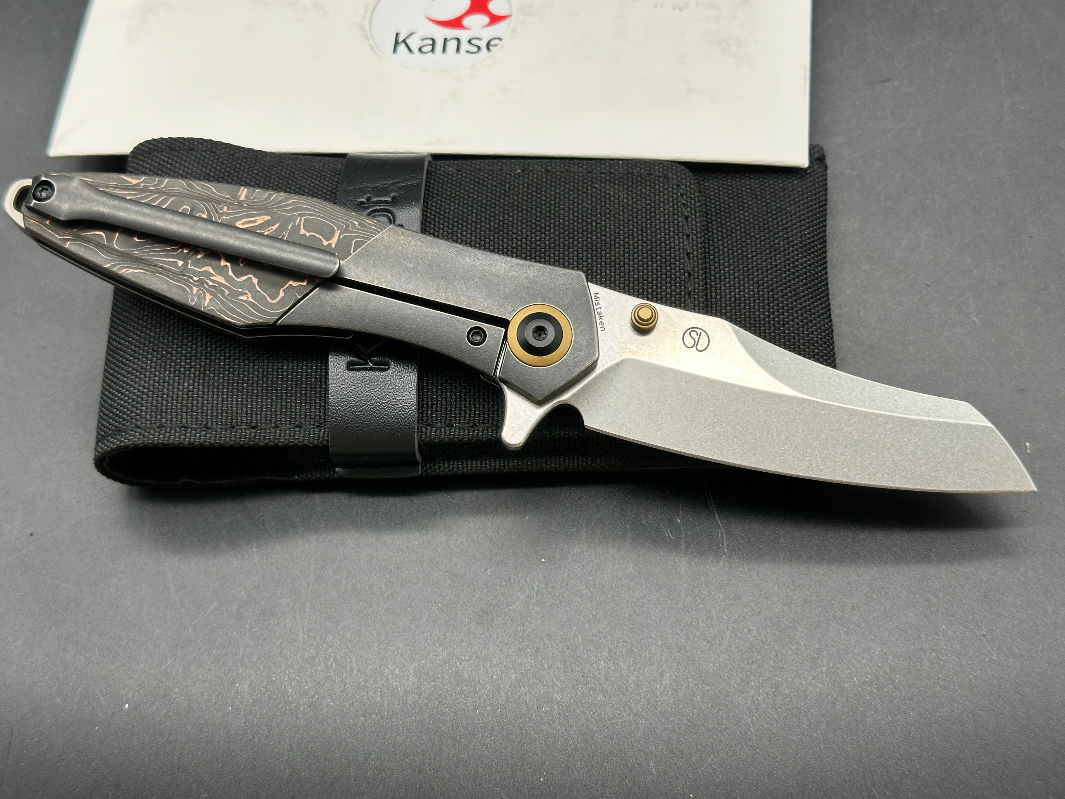 Kansept Knives Jonathan Styles Mistaken 3.15" CPM-20CV Modified Wharncliffe Blade, Black Titanium Handles with Copper Carbon Fiber Inlays