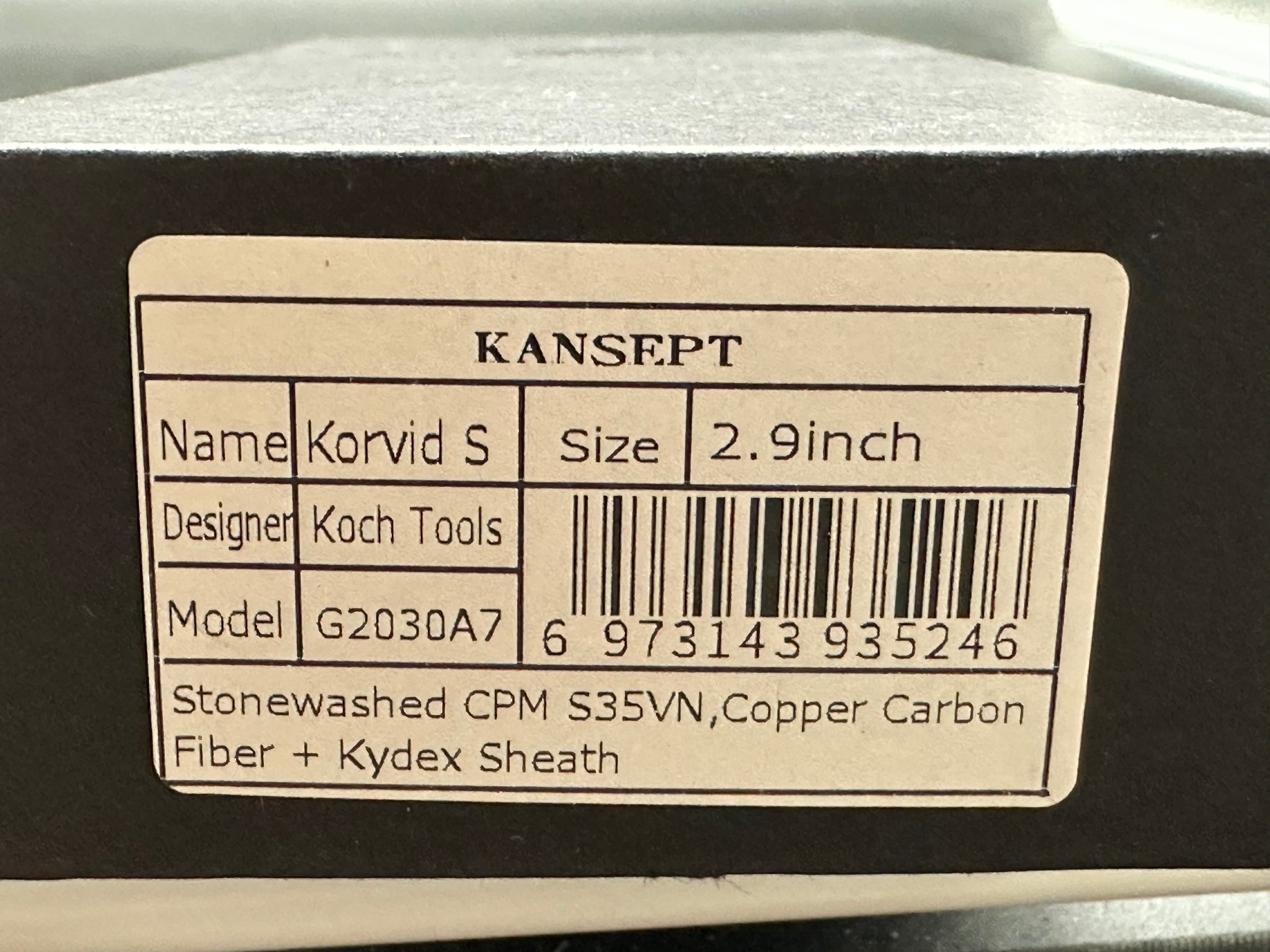 KANSEPT Korvid S Fixed Blade Copper Carbon Fiber + Kydex Sheath Handle (2.9" CPM-S35VN Blade)