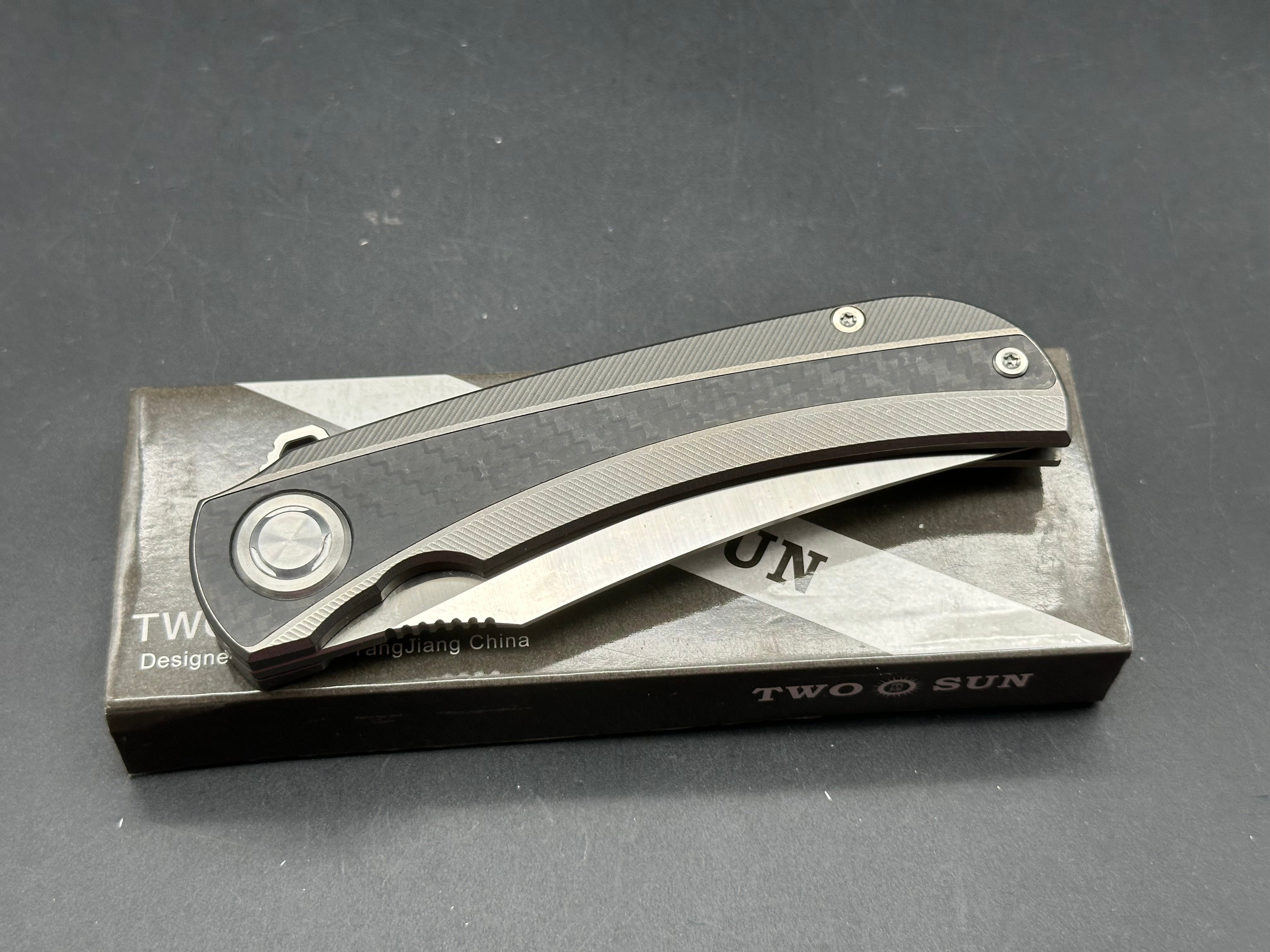 TWOSUN TS191 TITANIUM/CARBON FIBER HANDLE S90V PLAIN EDGE