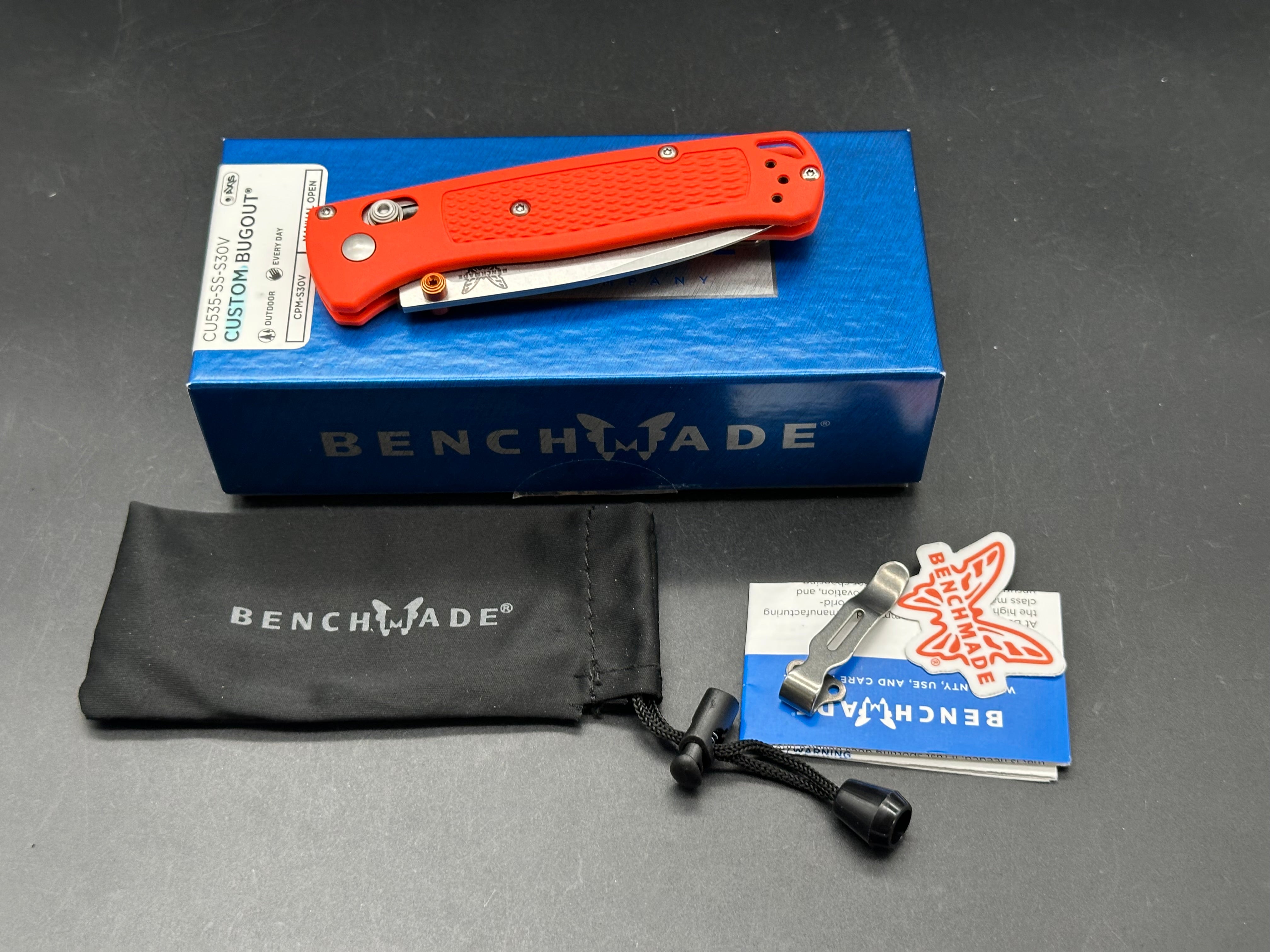 Benchmade Bugout-Custom, 3.24" CPM S30V Stonewash Blade with Orange Grivory Scales