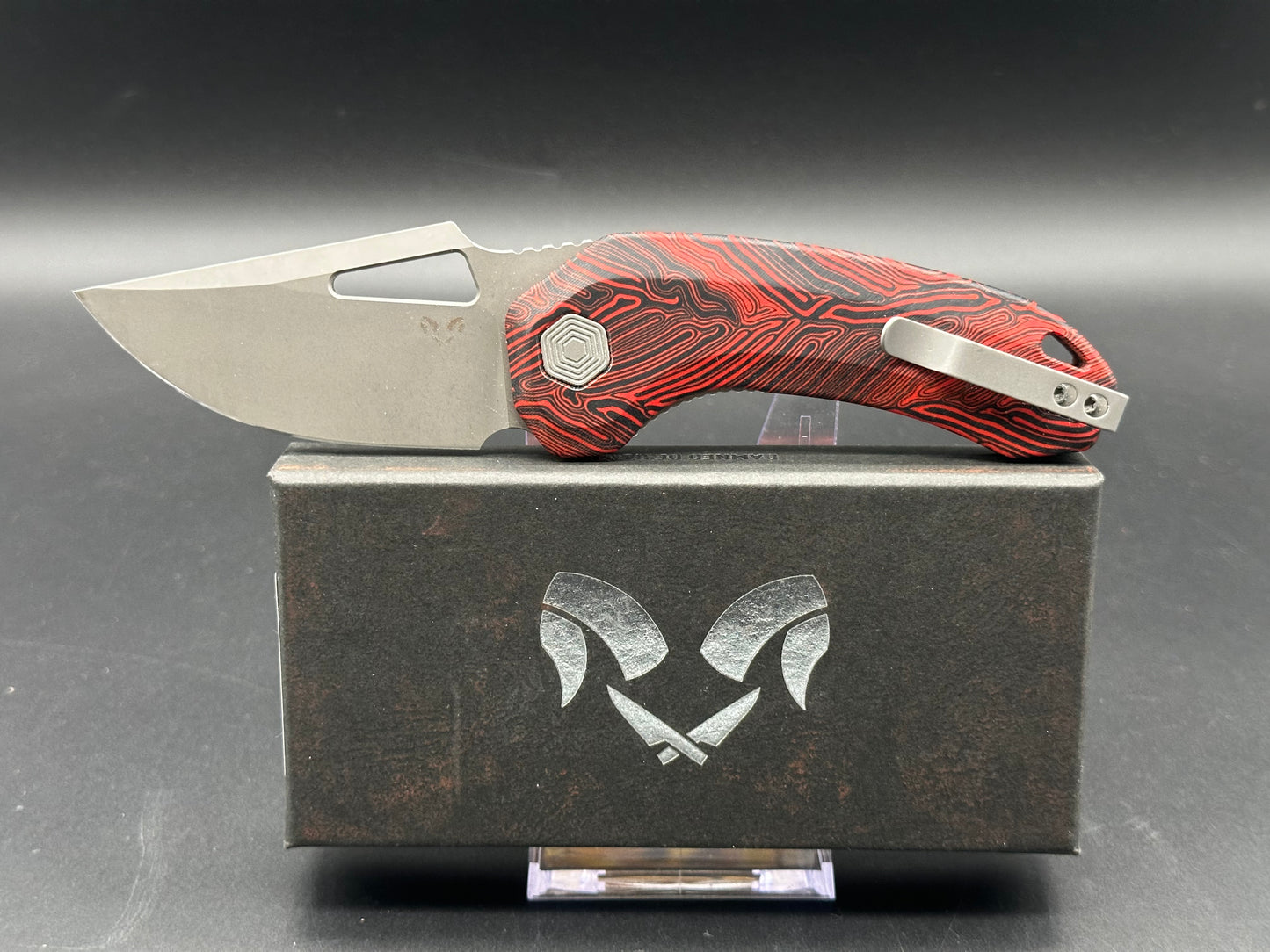 Damned Designs Djinn XL Liner Lock Red/Black Damascus (3" 14C28N Stonewash blade)