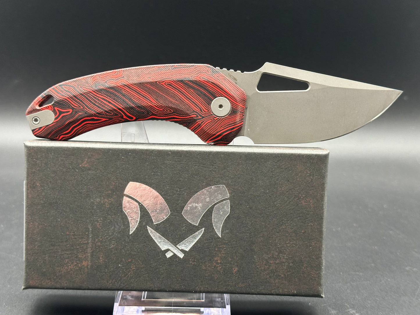 Damned Designs Djinn XL Liner Lock Red/Black Damascus (3" 14C28N Stonewash blade)