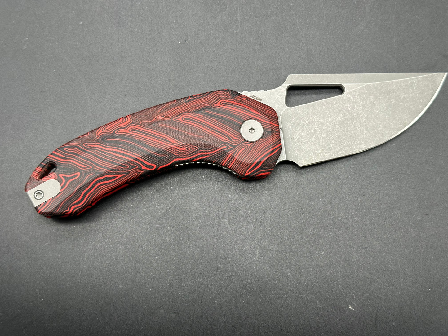 Damned Designs Djinn XL Liner Lock Red/Black Damascus (3" 14C28N Stonewash blade)