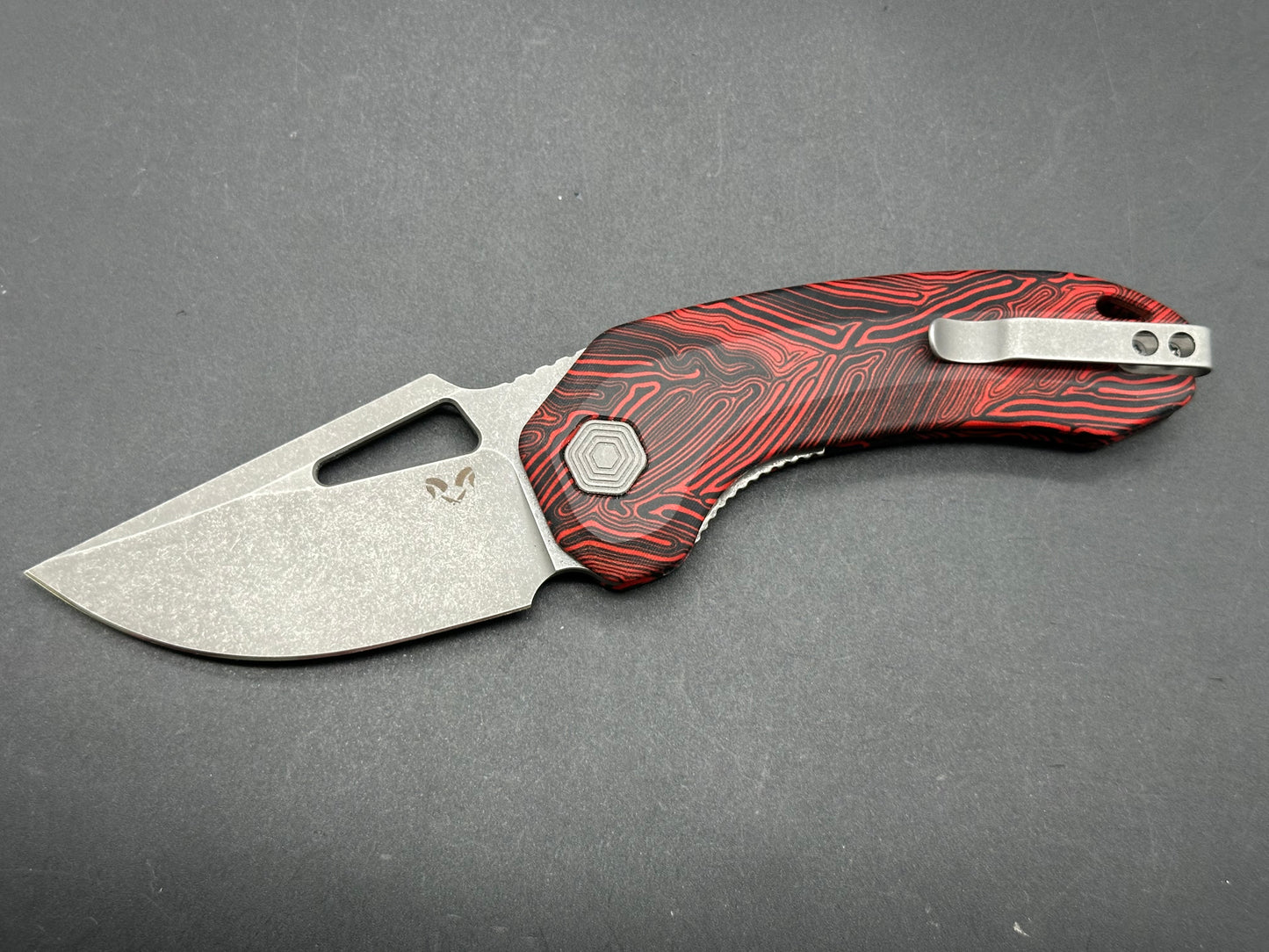 Damned Designs Djinn XL Liner Lock Red/Black Damascus (3" 14C28N Stonewash blade)