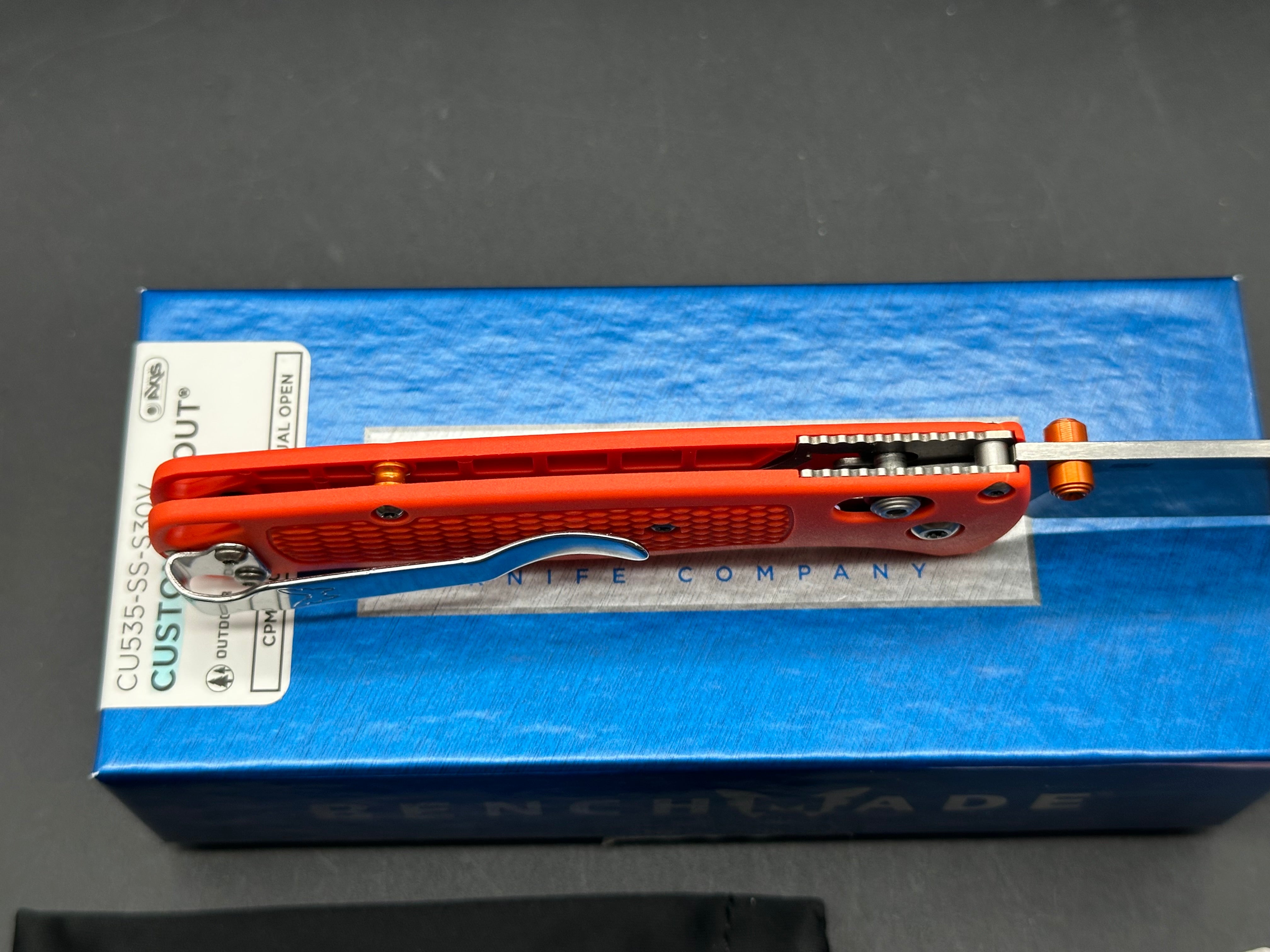 Benchmade Bugout-Custom, 3.24" CPM S30V Stonewash Blade with Orange Grivory Scales