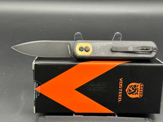 Vosteed Corgi "Treklock" Button Lock Black Micarta/Brass Insert (2.99" 14C28N Black Stonewash)