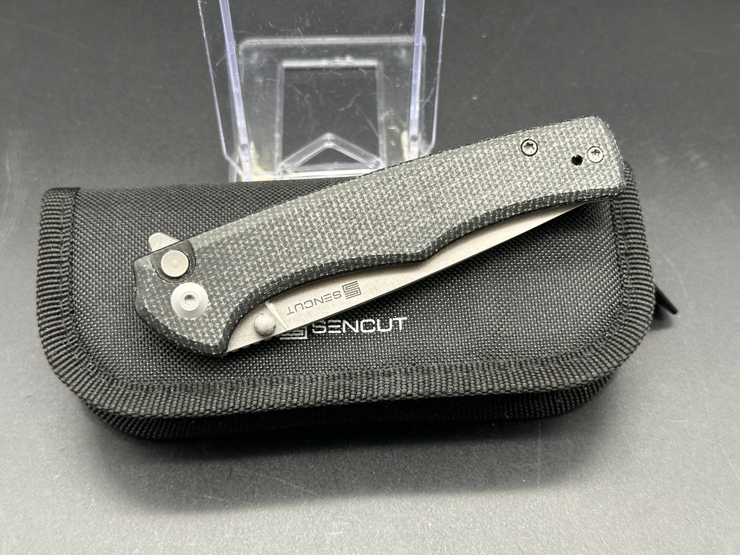 SENCUT Crowley Button Lock Black Micarta (3.48" D2 Stonewashed Blade)