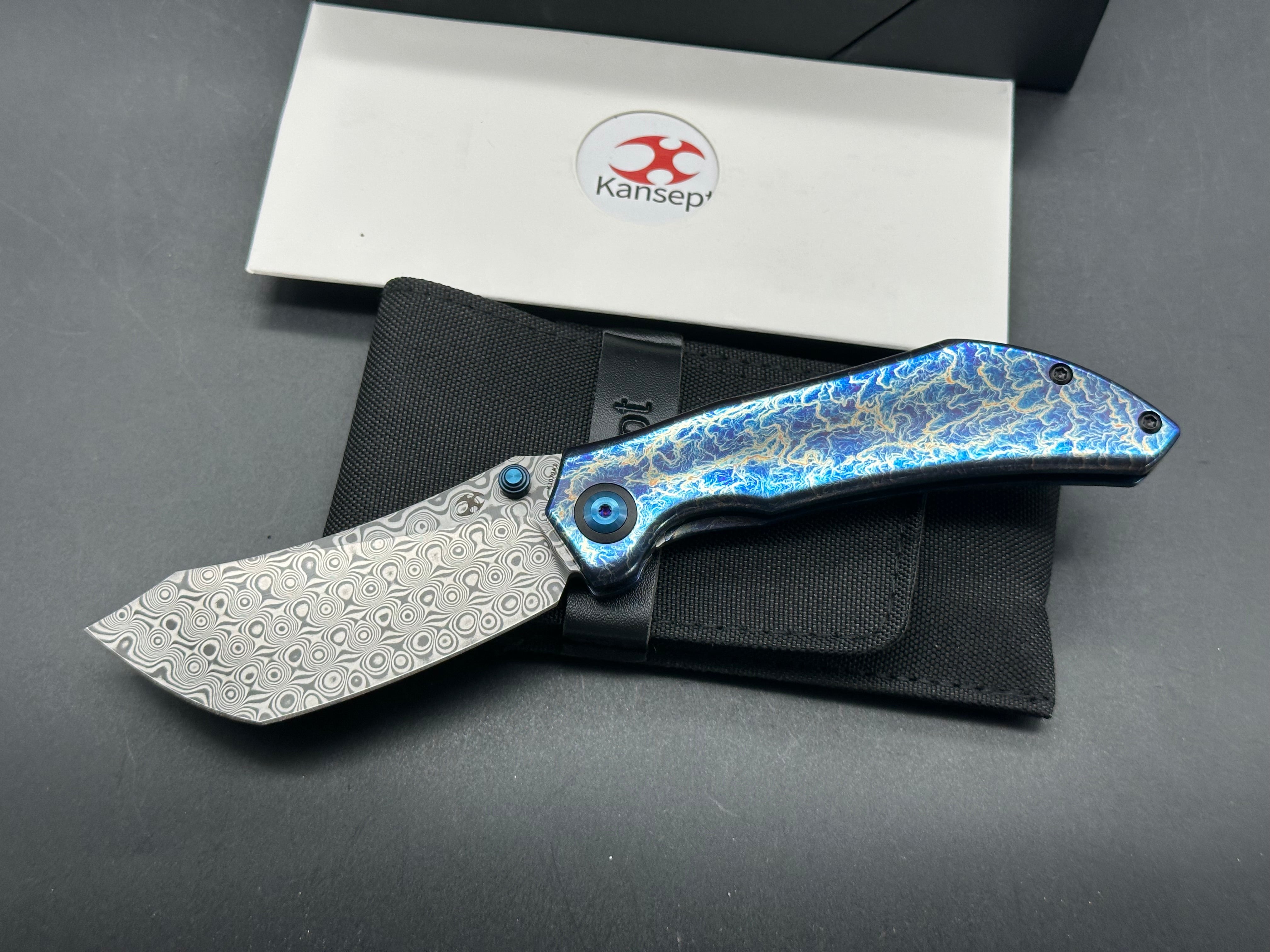KANSEPT TIPPER FOLDING KNIFE LIGHTNING STRIKE TITANIUM HANDLE DAMASCUS BLADE