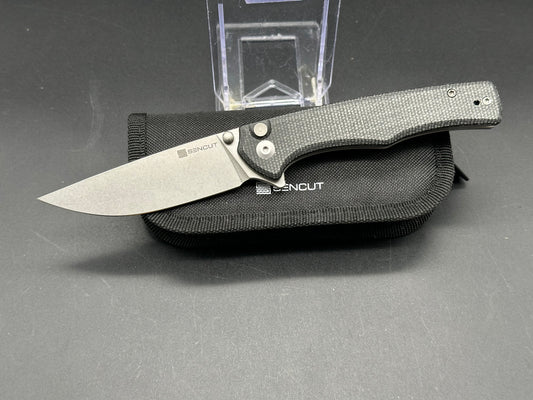 SENCUT Crowley Button Lock Black Micarta (3.48" D2 Stonewashed Blade)