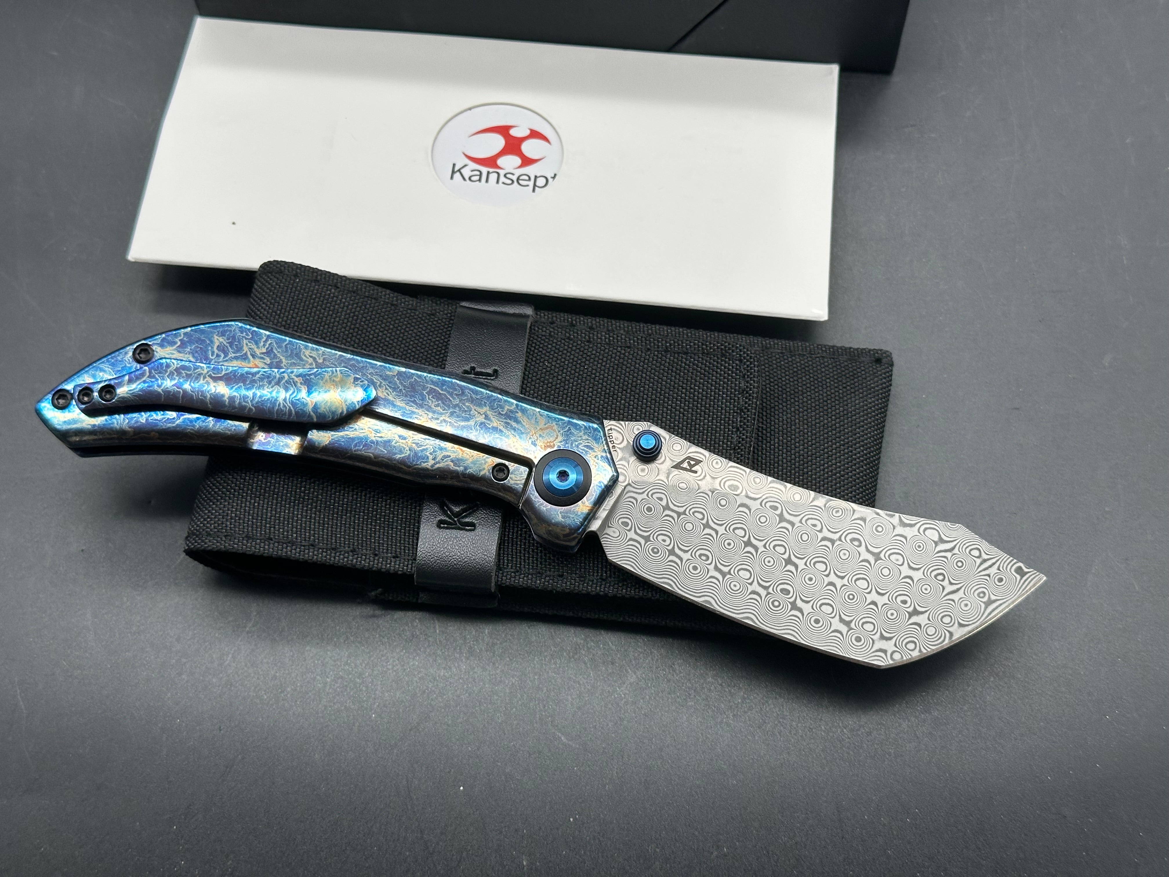 KANSEPT TIPPER FOLDING KNIFE LIGHTNING STRIKE TITANIUM HANDLE DAMASCUS BLADE