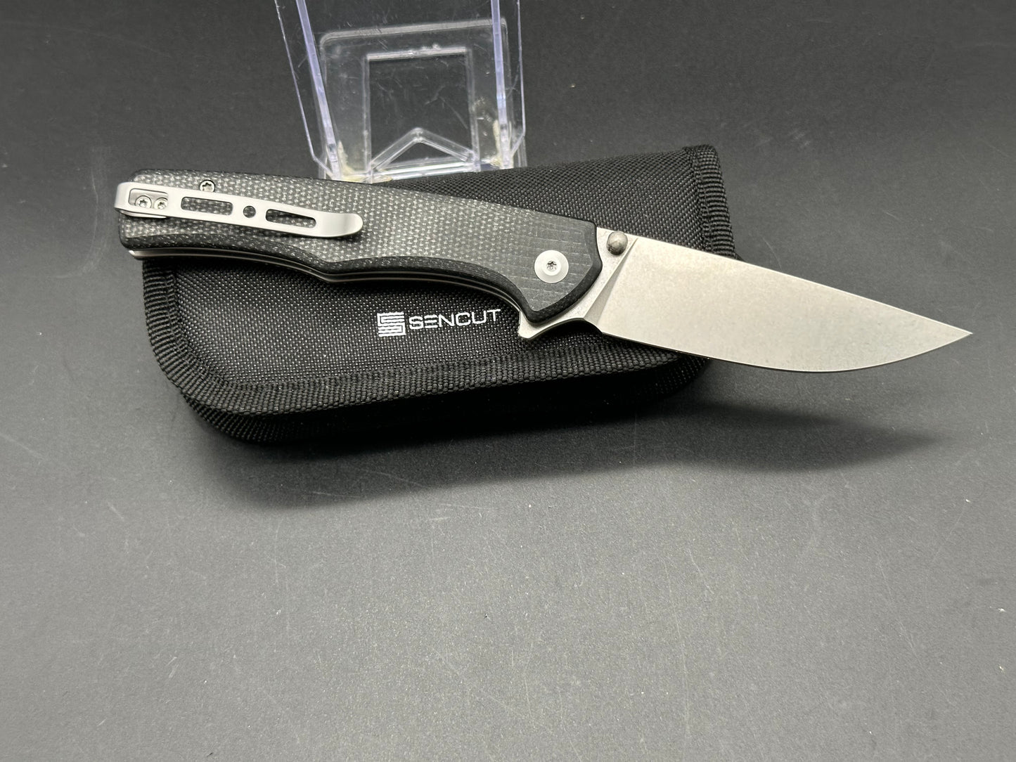 SENCUT Crowley Button Lock Black Micarta (3.48" D2 Stonewashed Blade)