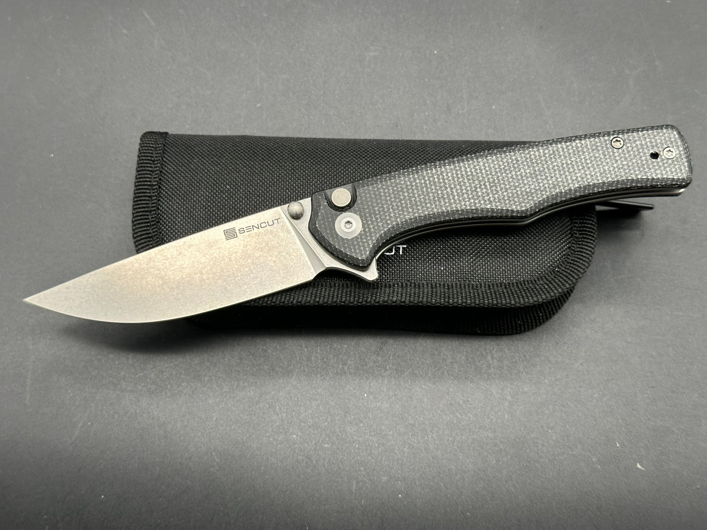 SENCUT Crowley Button Lock Black Micarta (3.48" D2 Stonewashed Blade)