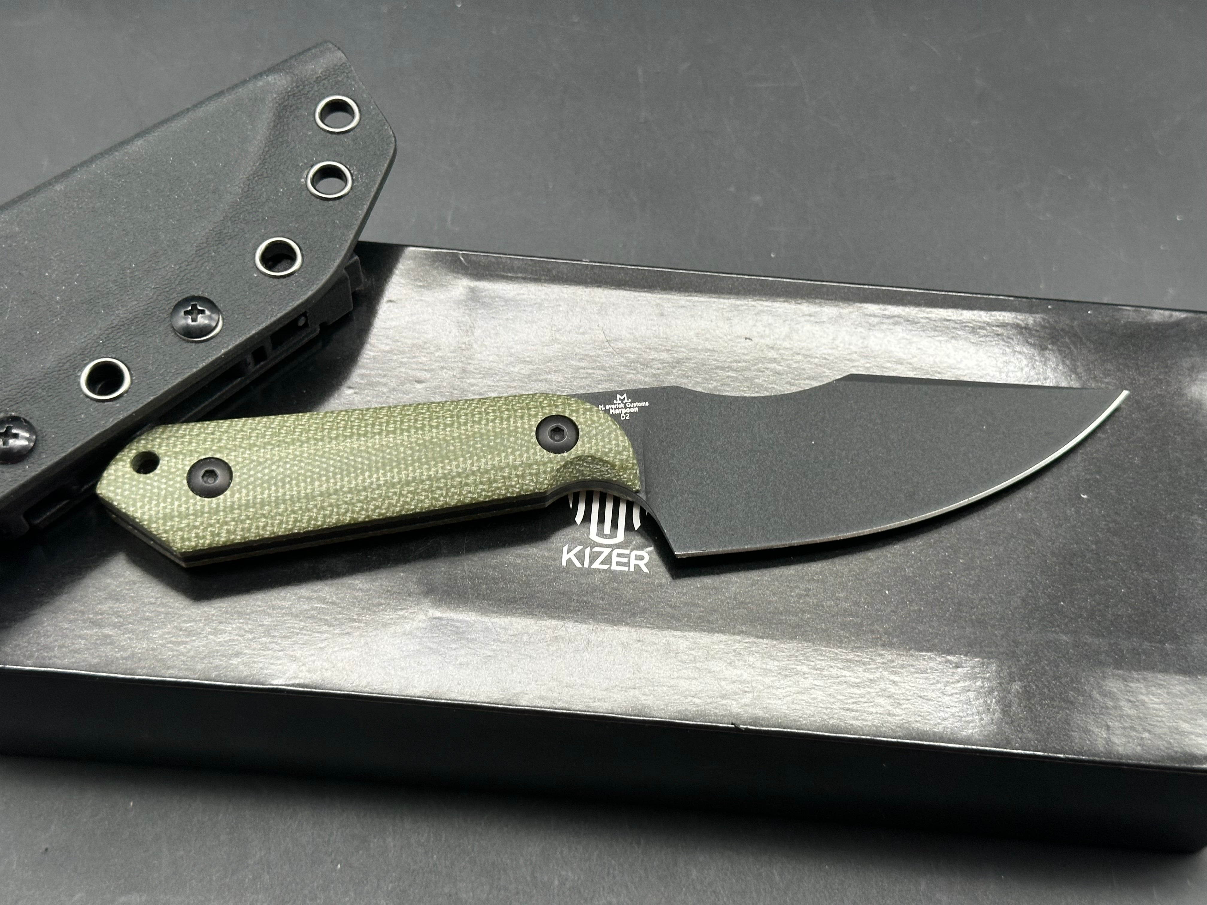KIZER HARPOON FIXED BLADE KNIFE MICARTA HANDLE PLAIN BLACK D2 BLADE