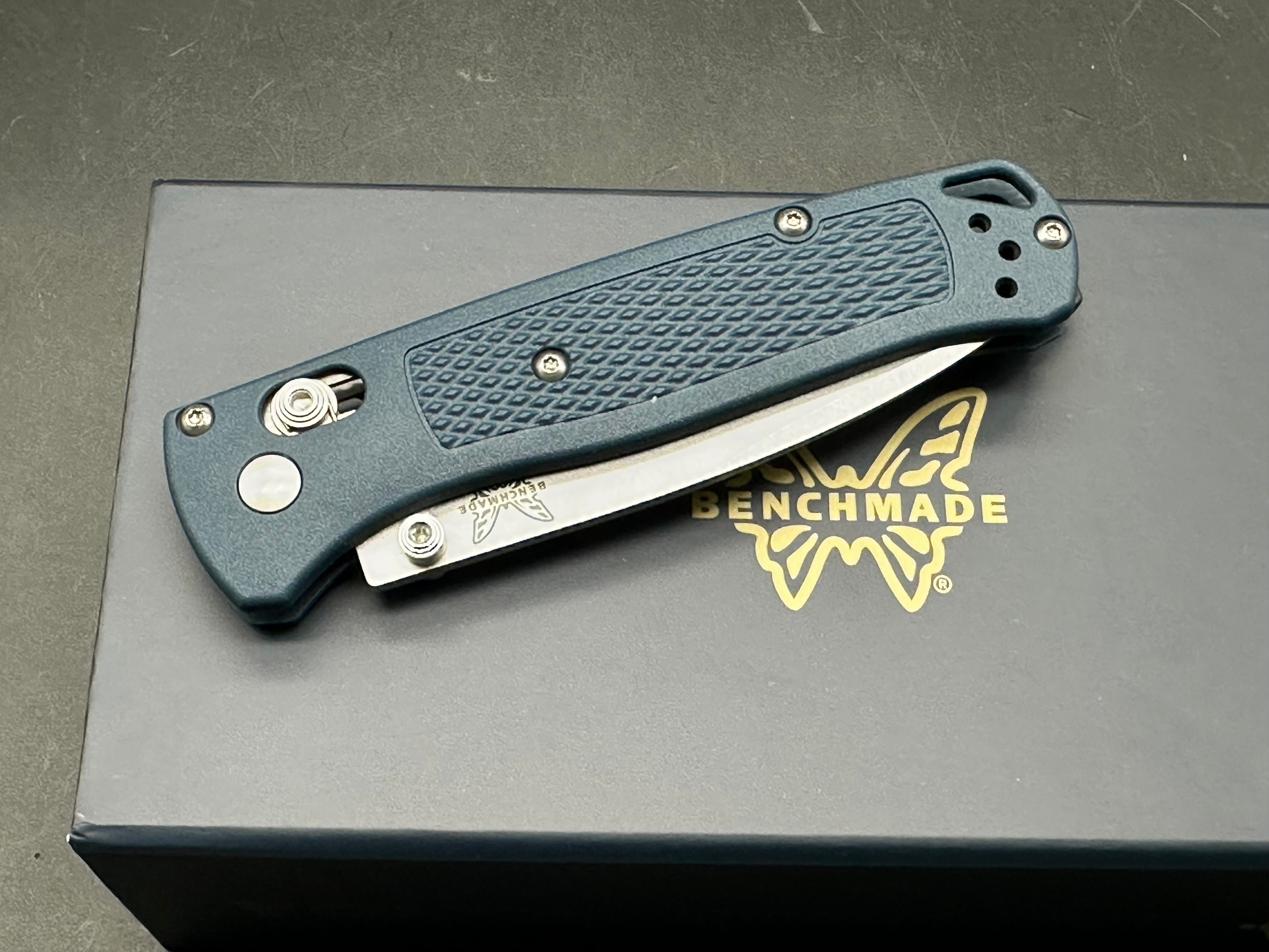 Benchmade Bugout - Custom 3.24" CPM MagnaCut Stonewash Blade with Crater Blue Grivory Scales Lynch Pocket Clip