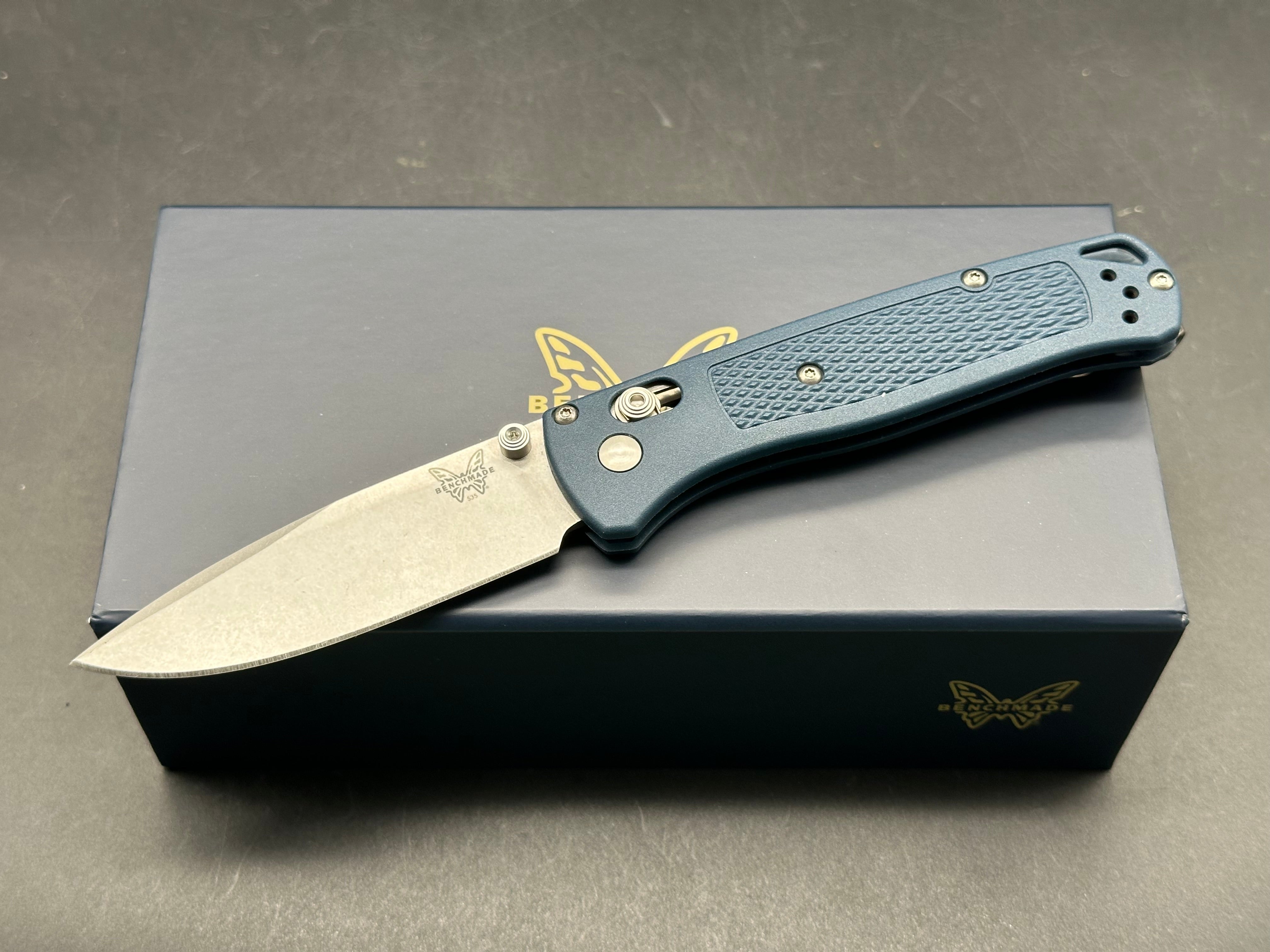 Benchmade Bugout - Custom 3.24" CPM MagnaCut Stonewash Blade with Crater Blue Grivory Scales Lynch Pocket Clip