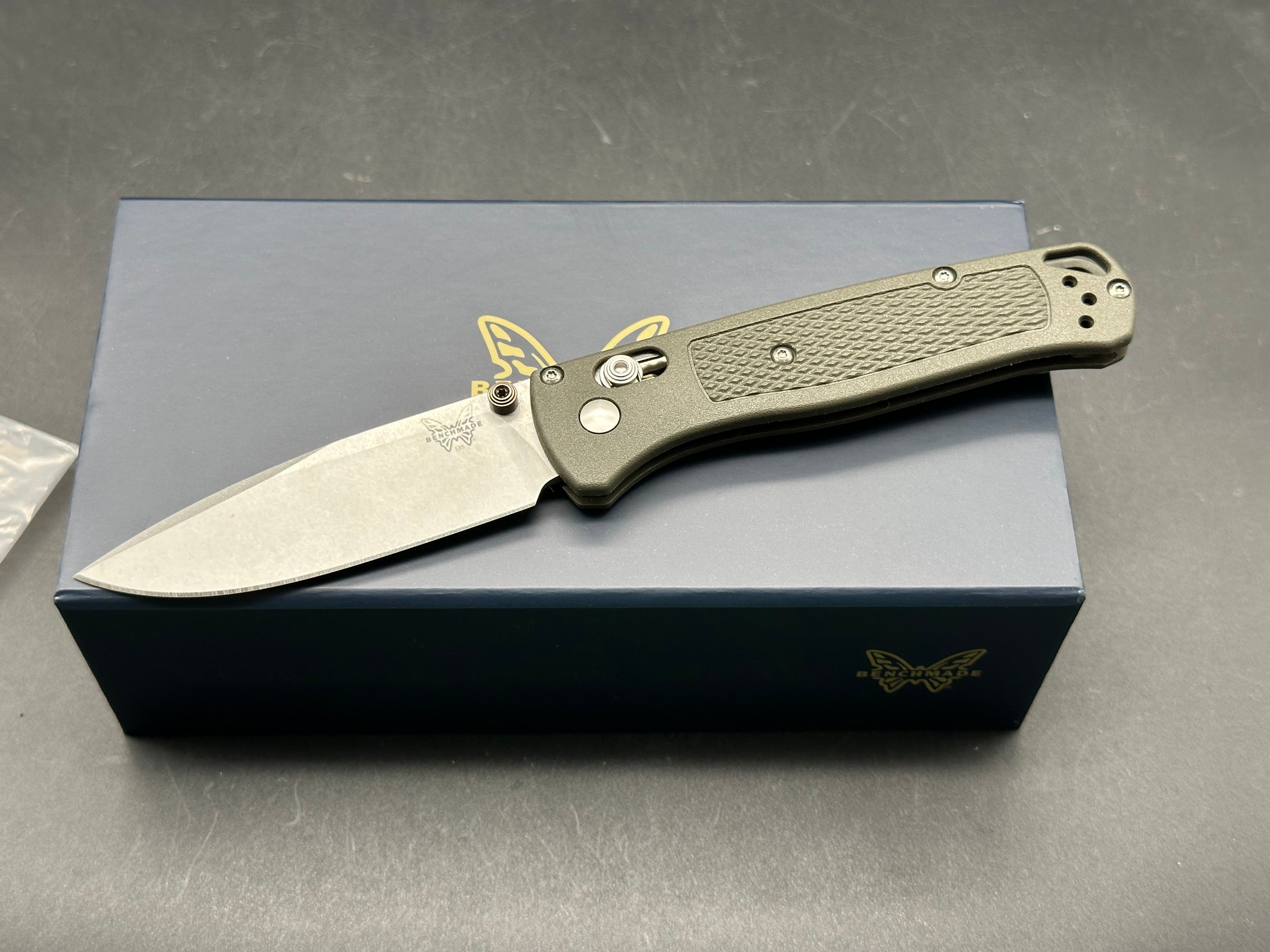 Benchmade Bugout - Custom 3.24" CPM MagnaCut Stonewash Blade with OD Green Grivory Scales