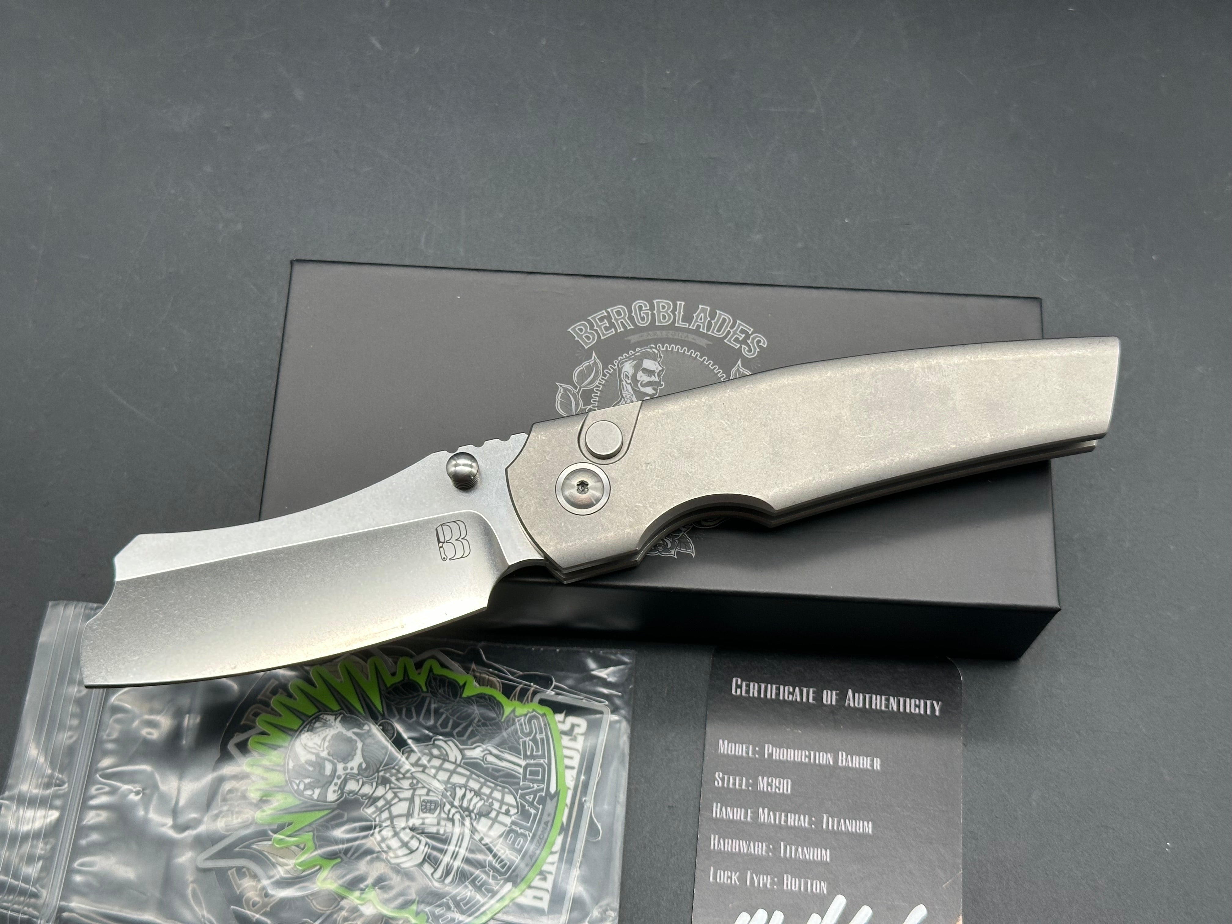 Berg Blades Button Lock Barber #15, Bright Stonewashed Hollow Ground M390 Blade