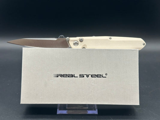 REAL STEEL G5 METAMORPH BUTTON LOCK FOLDING KNIFE OFF WHITE G10 HANDLE 14C28N PLAIN EDGE SATIN FINISH 7831I