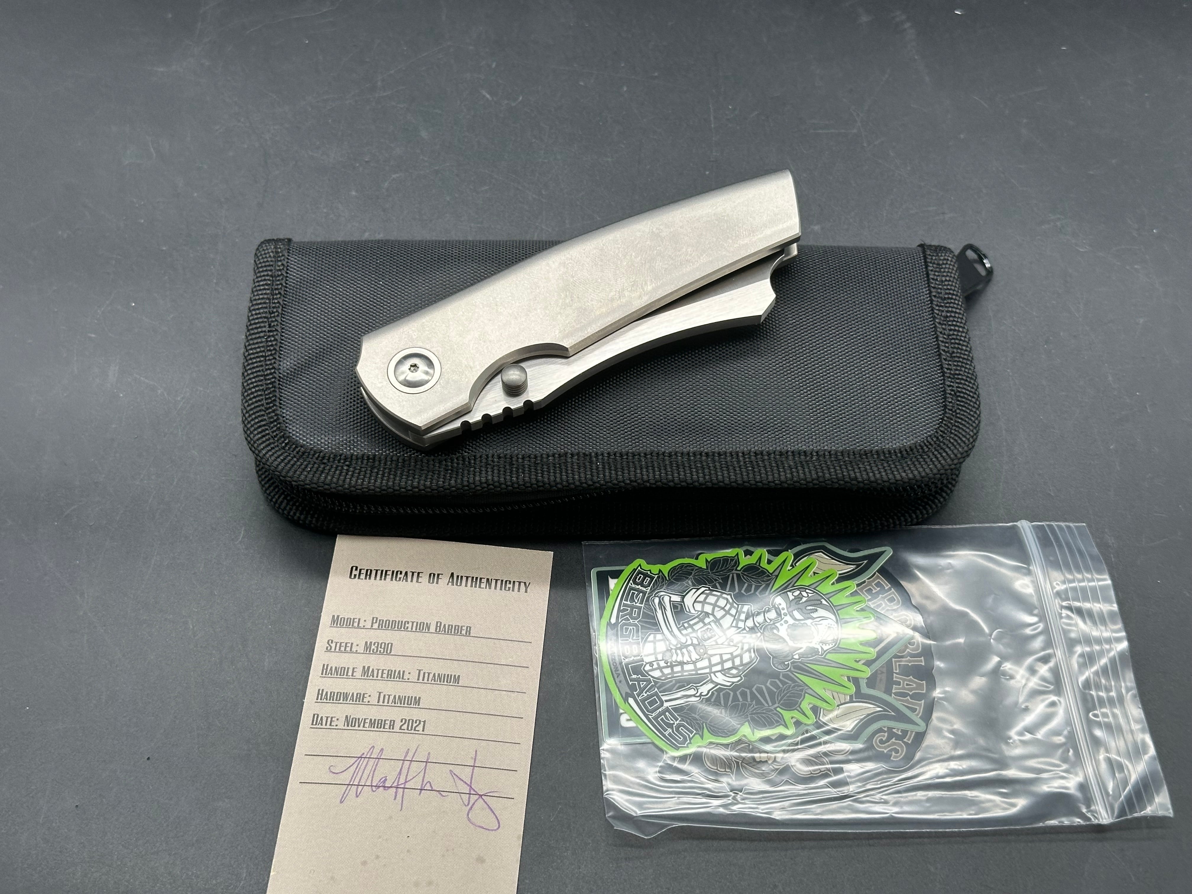 Berg Blades Barber #34/65, Hollow Ground Belt Satin M390 Blade, Stonewashed Titanium Handles