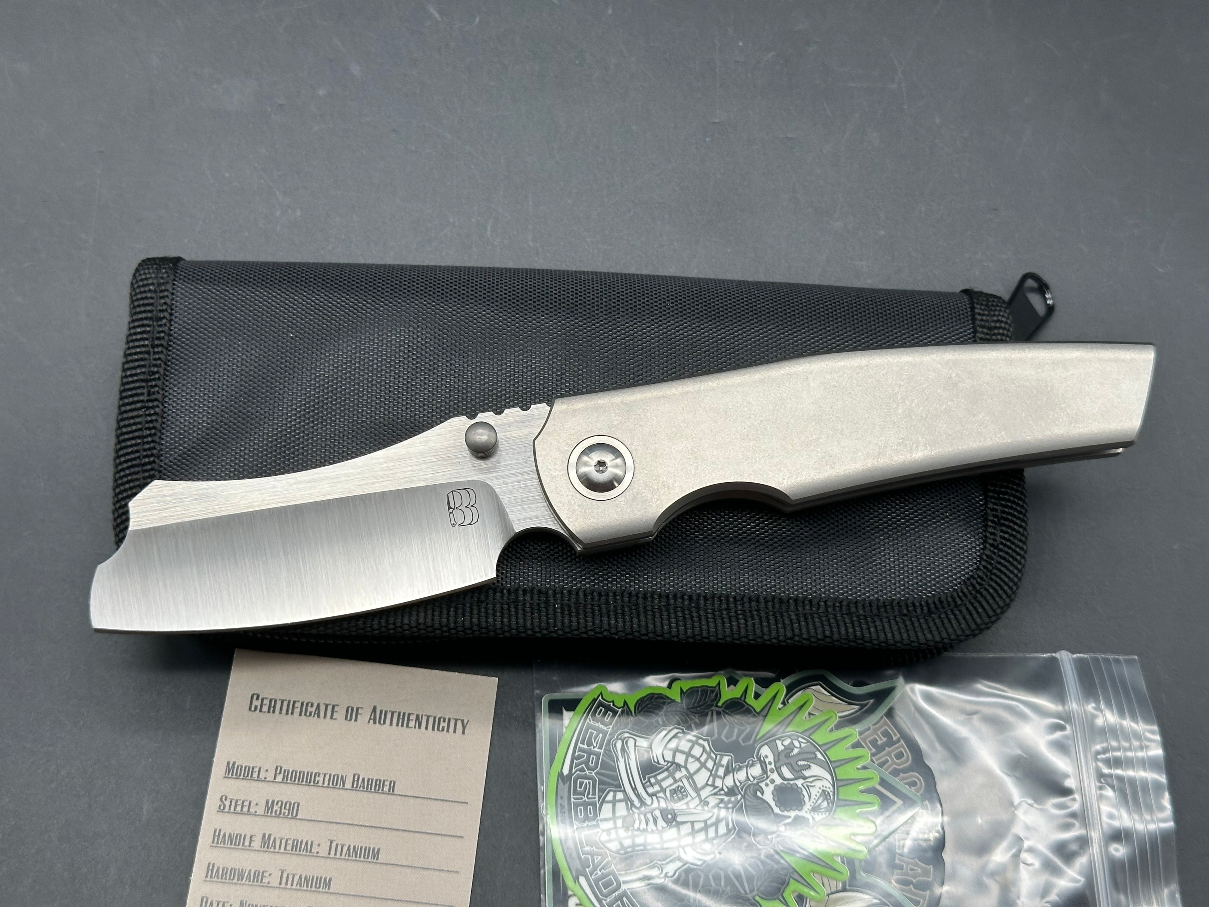 Berg Blades Barber #34/65, Hollow Ground Belt Satin M390 Blade, Stonewashed Titanium Handles