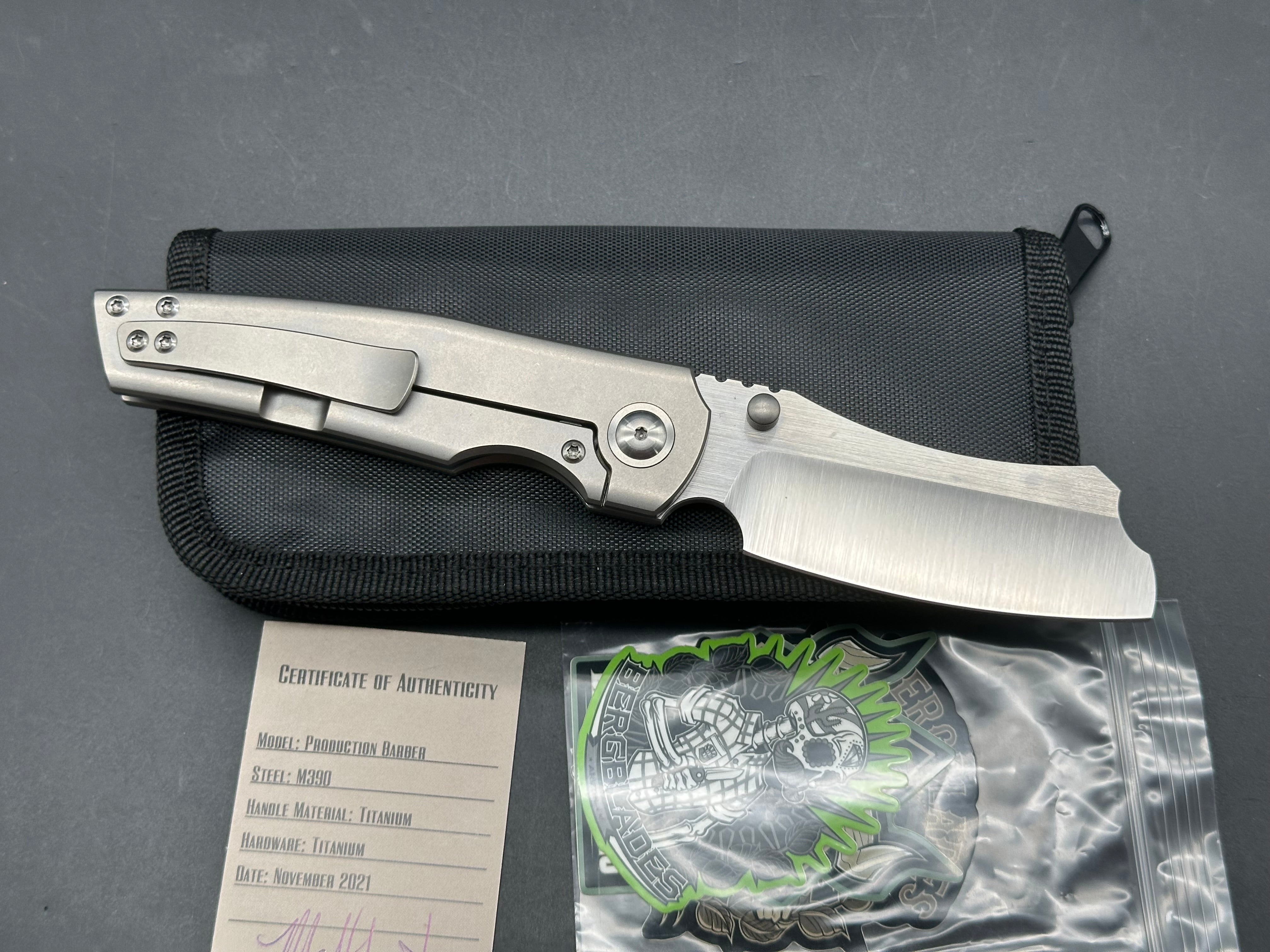 Berg Blades Barber #34/65, Hollow Ground Belt Satin M390 Blade, Stonewashed Titanium Handles