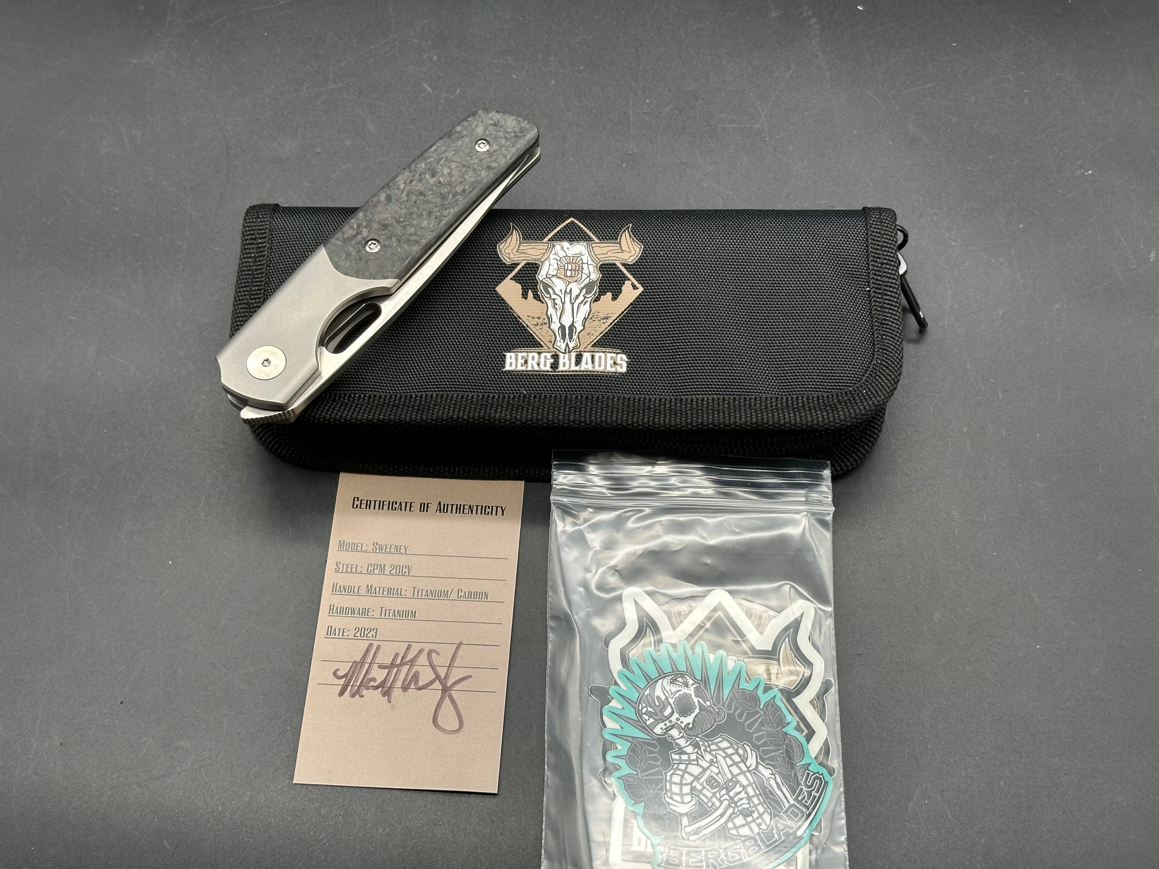 Berg Blades Sweeney #03, Belt Satin CPM-20CV Blade with Hand Satin Flats, Bead Blasted Titanium Handles with Carbon Fiber Inlays