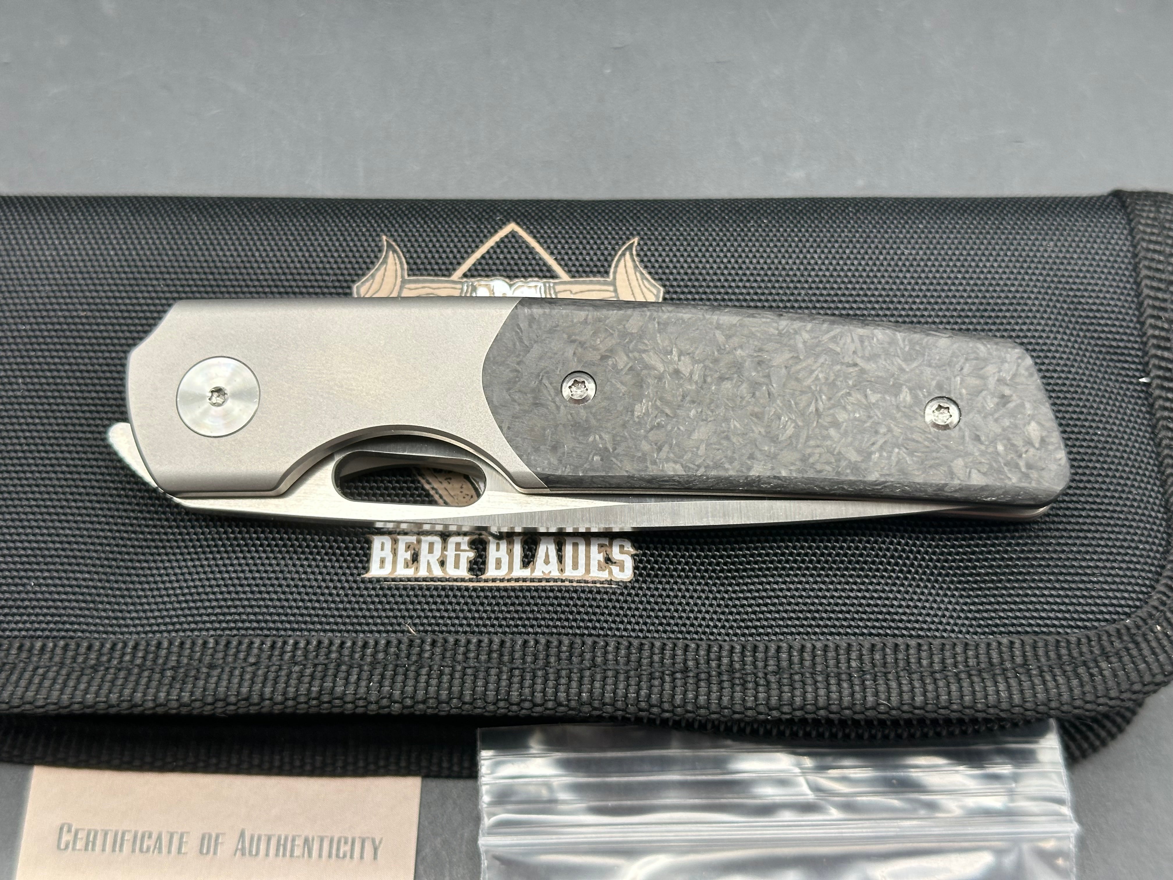 Berg Blades Sweeney #03, Belt Satin CPM-20CV Blade with Hand Satin Flats, Bead Blasted Titanium Handles with Carbon Fiber Inlays