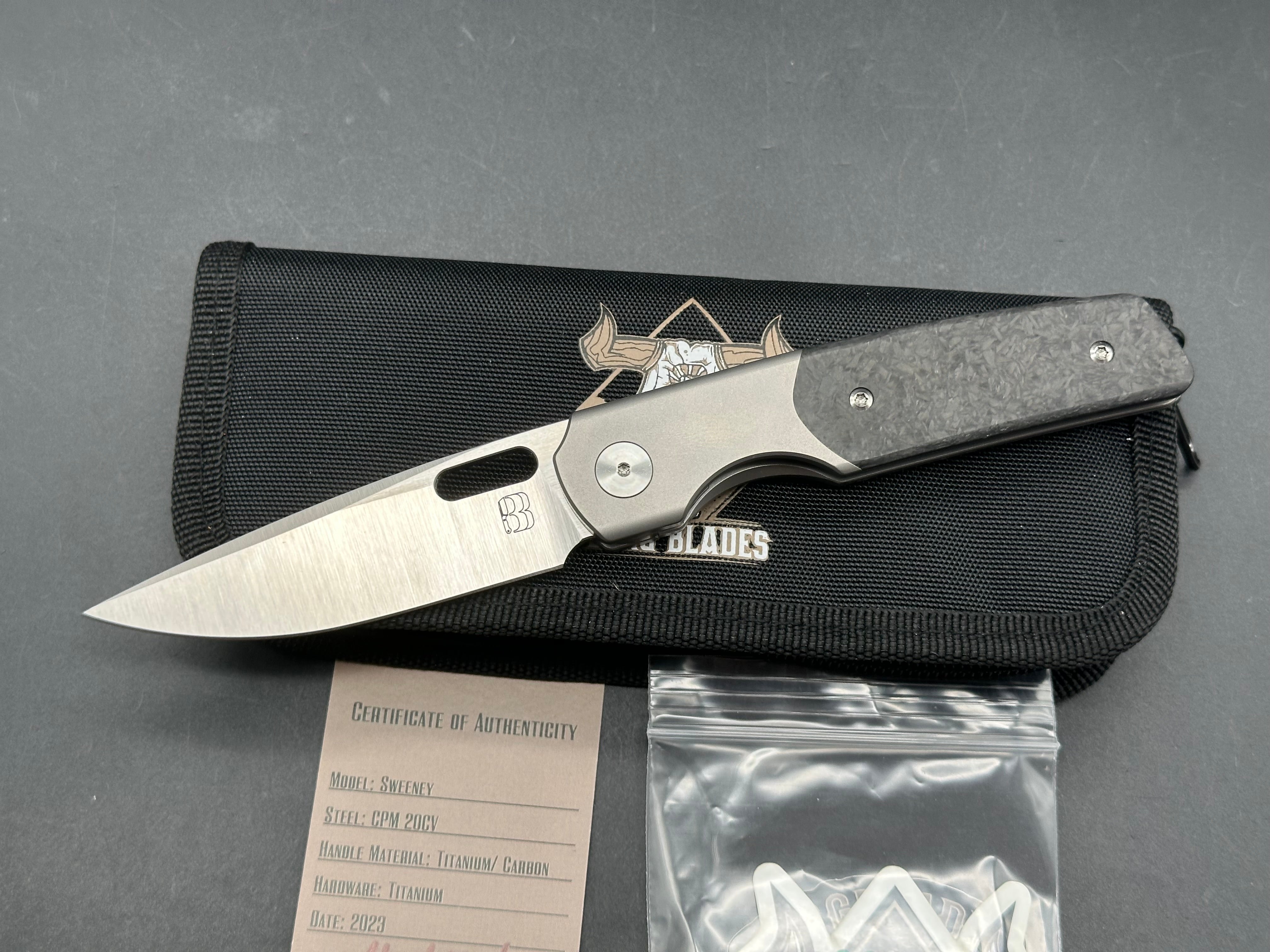Berg Blades Sweeney #03, Belt Satin CPM-20CV Blade with Hand Satin Flats, Bead Blasted Titanium Handles with Carbon Fiber Inlays