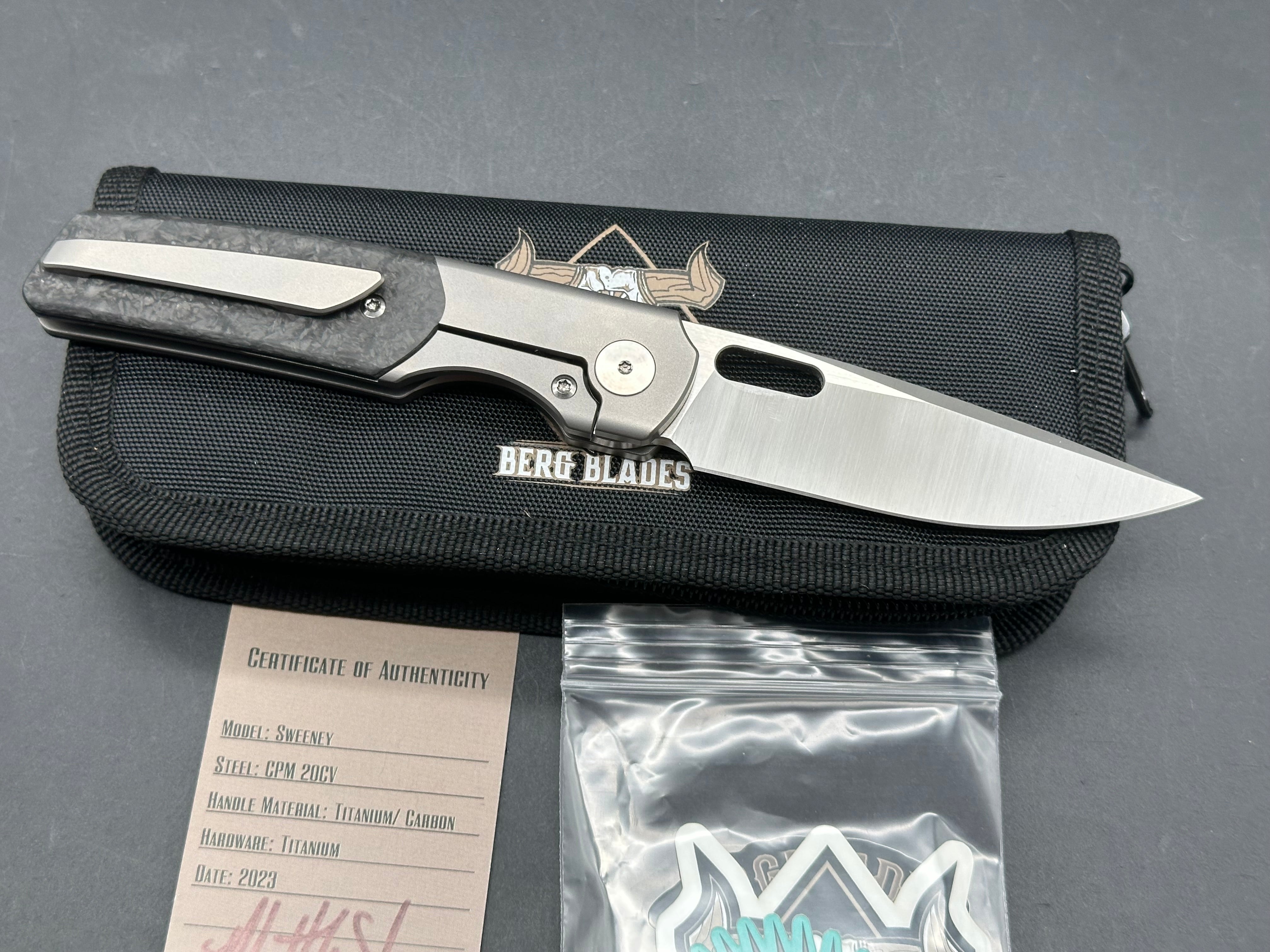 Berg Blades Sweeney #03, Belt Satin CPM-20CV Blade with Hand Satin Flats, Bead Blasted Titanium Handles with Carbon Fiber Inlays