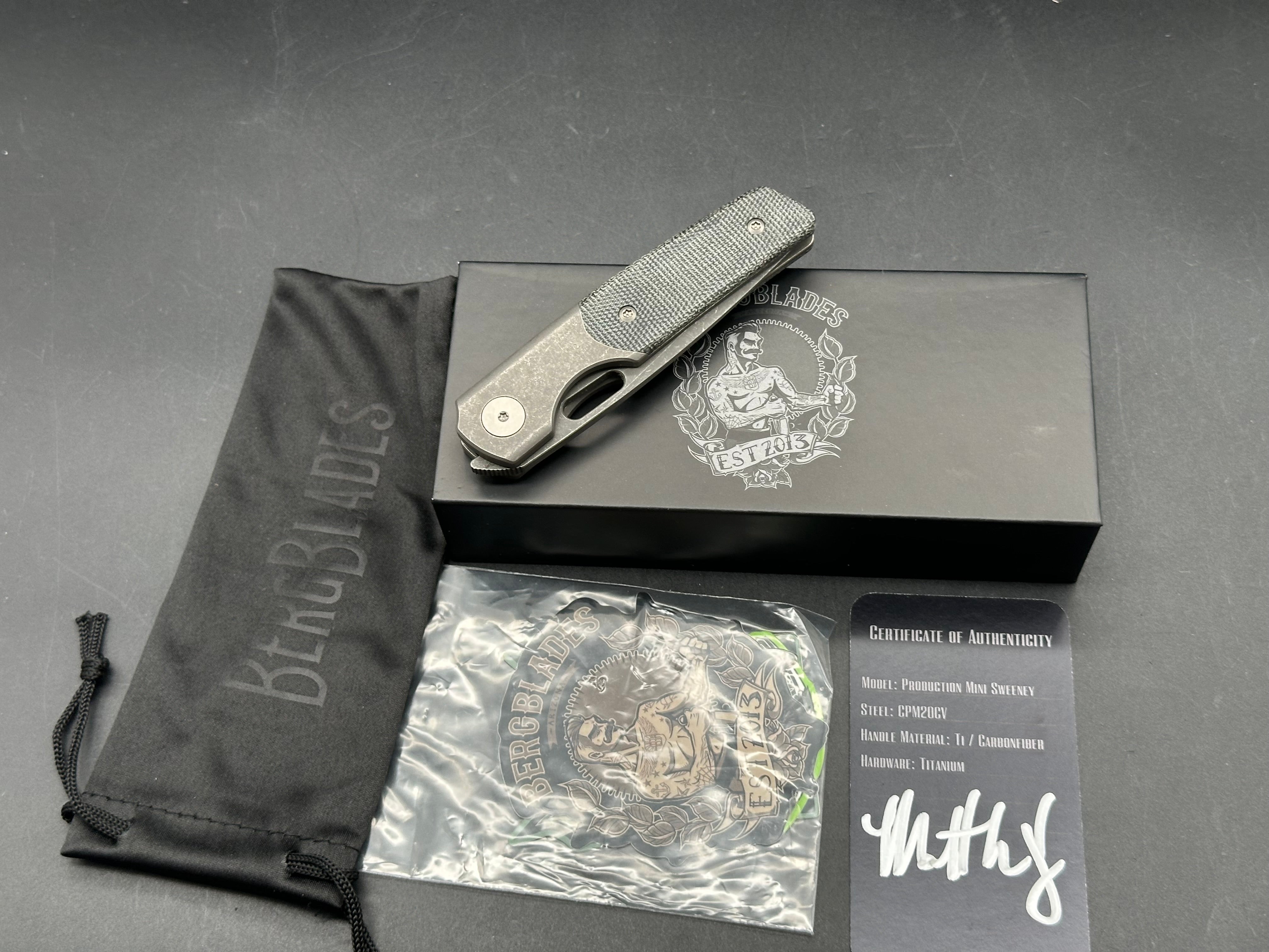 Berg Blades Mini Sweeney #15/25, Acid Wash Stonewashed CPM-20CV Blade, Dark Stonewashed Handles with Black Micarta Inlays