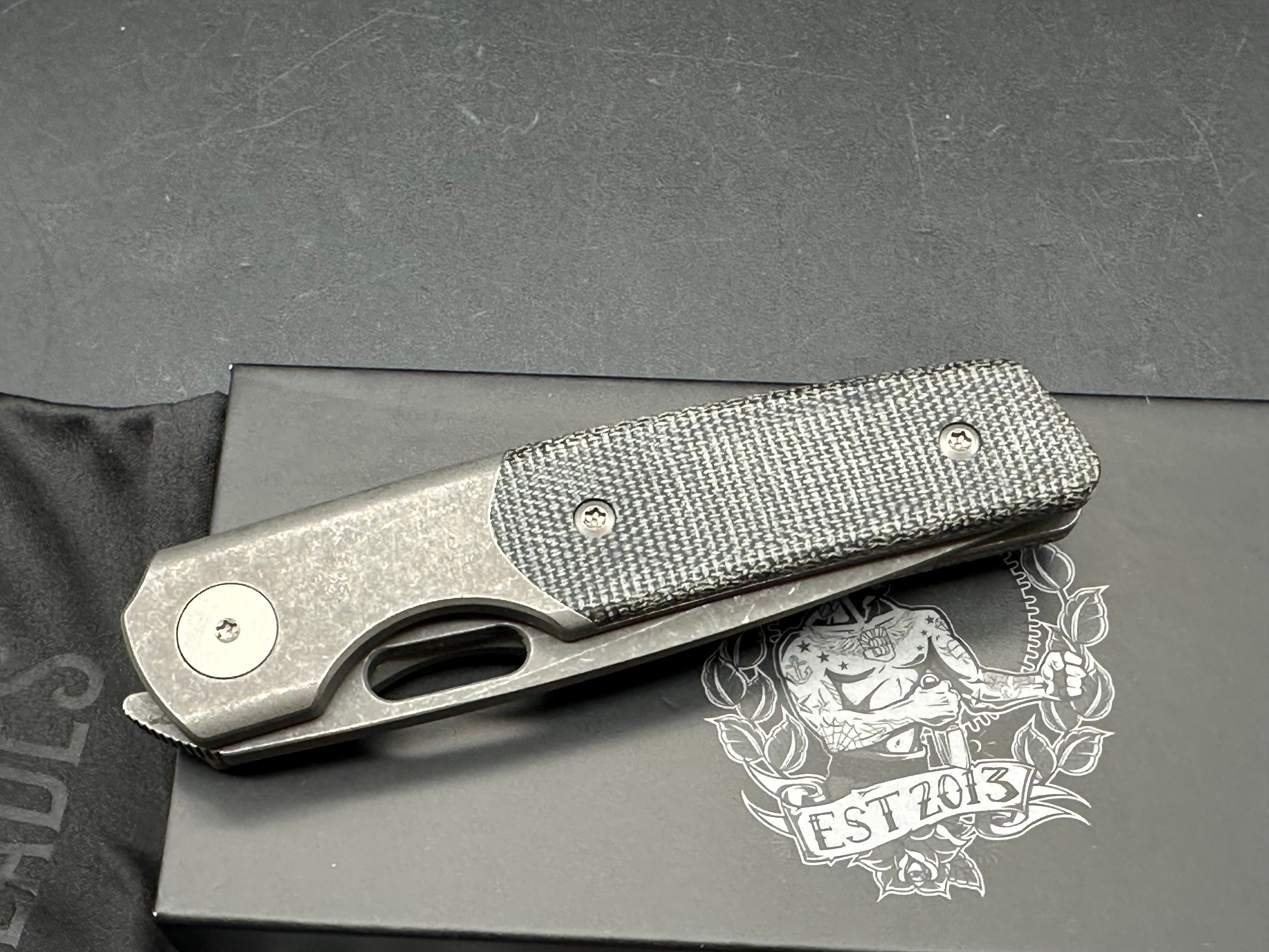 Berg Blades Mini Sweeney #15/25, Acid Wash Stonewashed CPM-20CV Blade, Dark Stonewashed Handles with Black Micarta Inlays