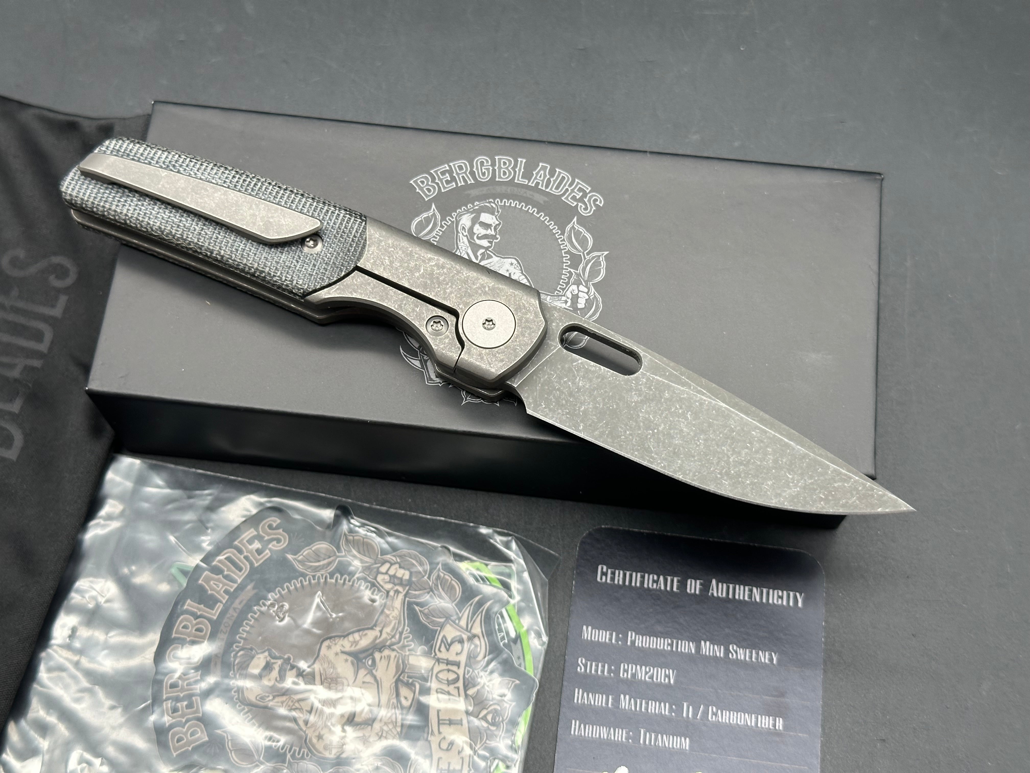Berg Blades Mini Sweeney #15/25, Acid Wash Stonewashed CPM-20CV Blade, Dark Stonewashed Handles with Black Micarta Inlays