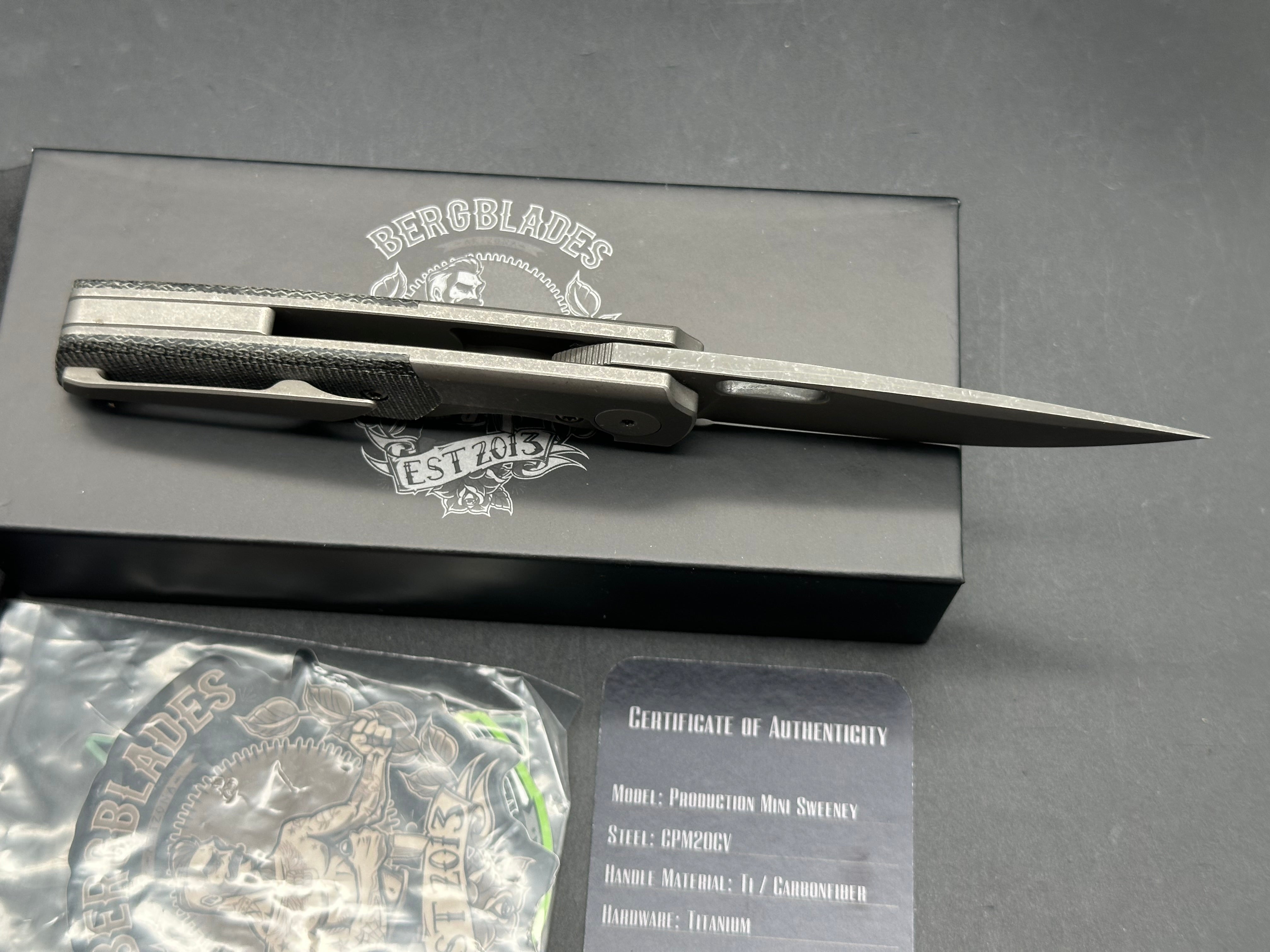 Berg Blades Mini Sweeney #15/25, Acid Wash Stonewashed CPM-20CV Blade, Dark Stonewashed Handles with Black Micarta Inlays