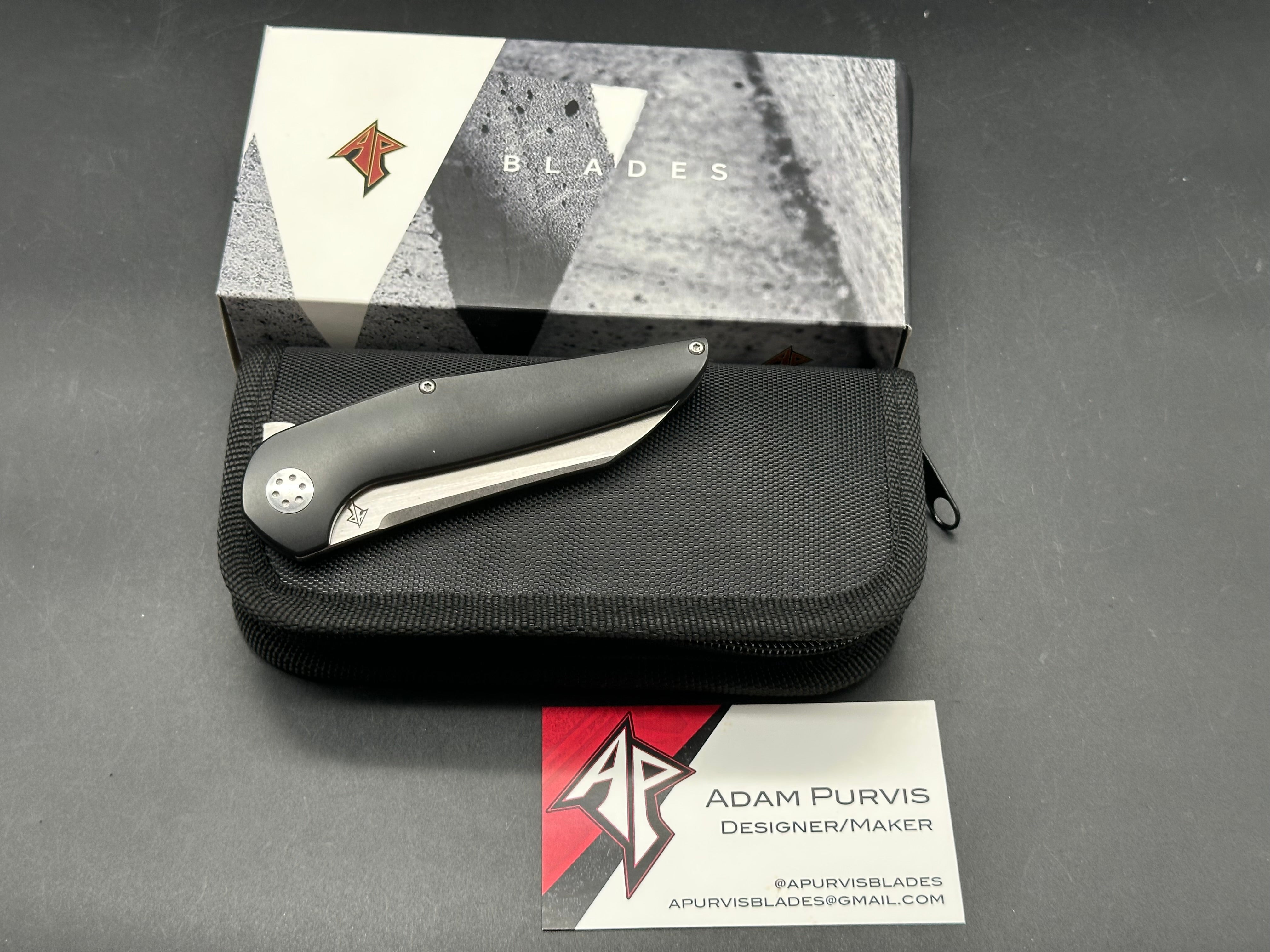 APurvis Blades Progeny V1, Stonewashed M390 Blade with Satin Flats, Black PVD Titanium Handles