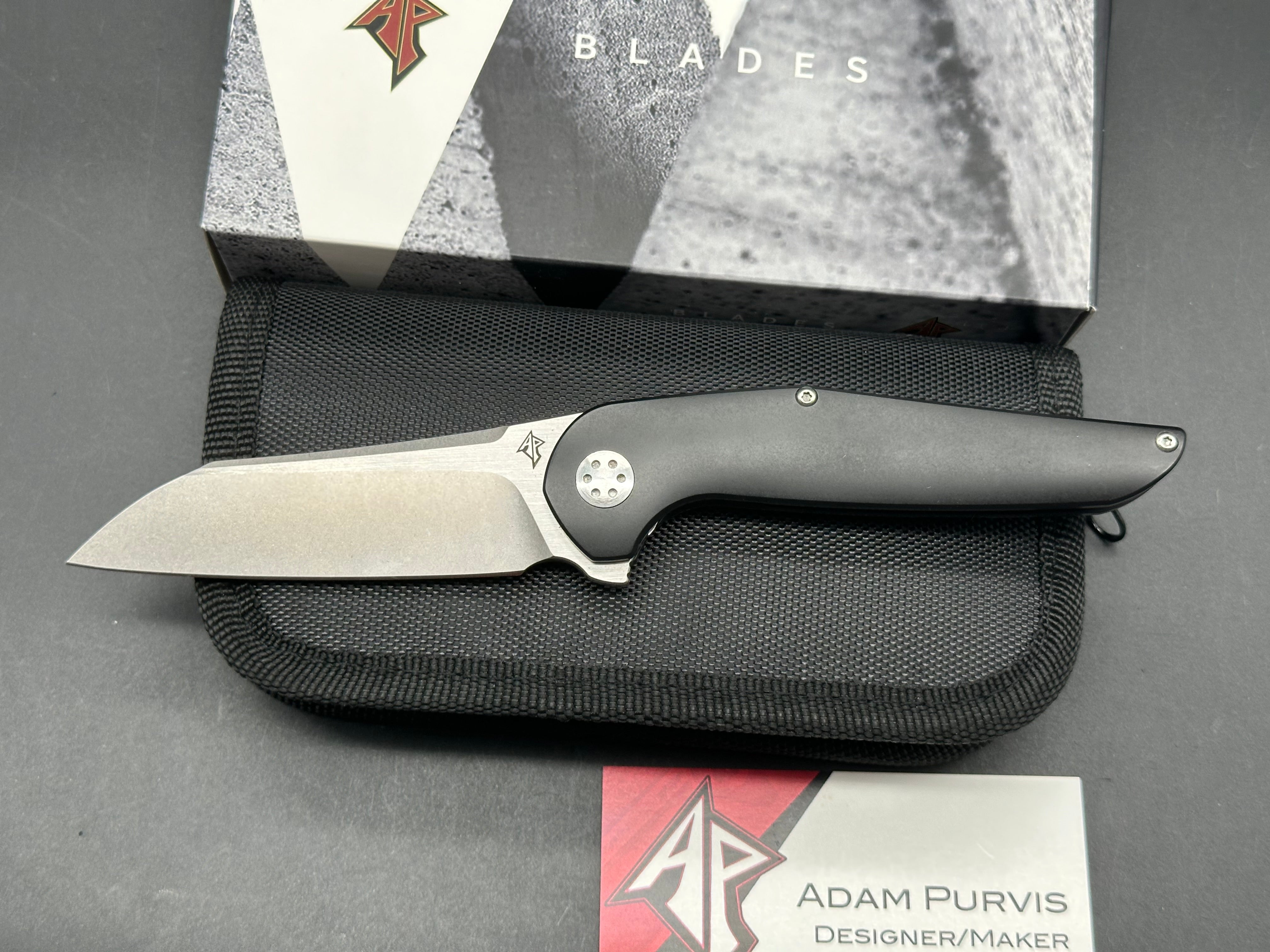 APurvis Blades Progeny V1, Stonewashed M390 Blade with Satin Flats, Black PVD Titanium Handles