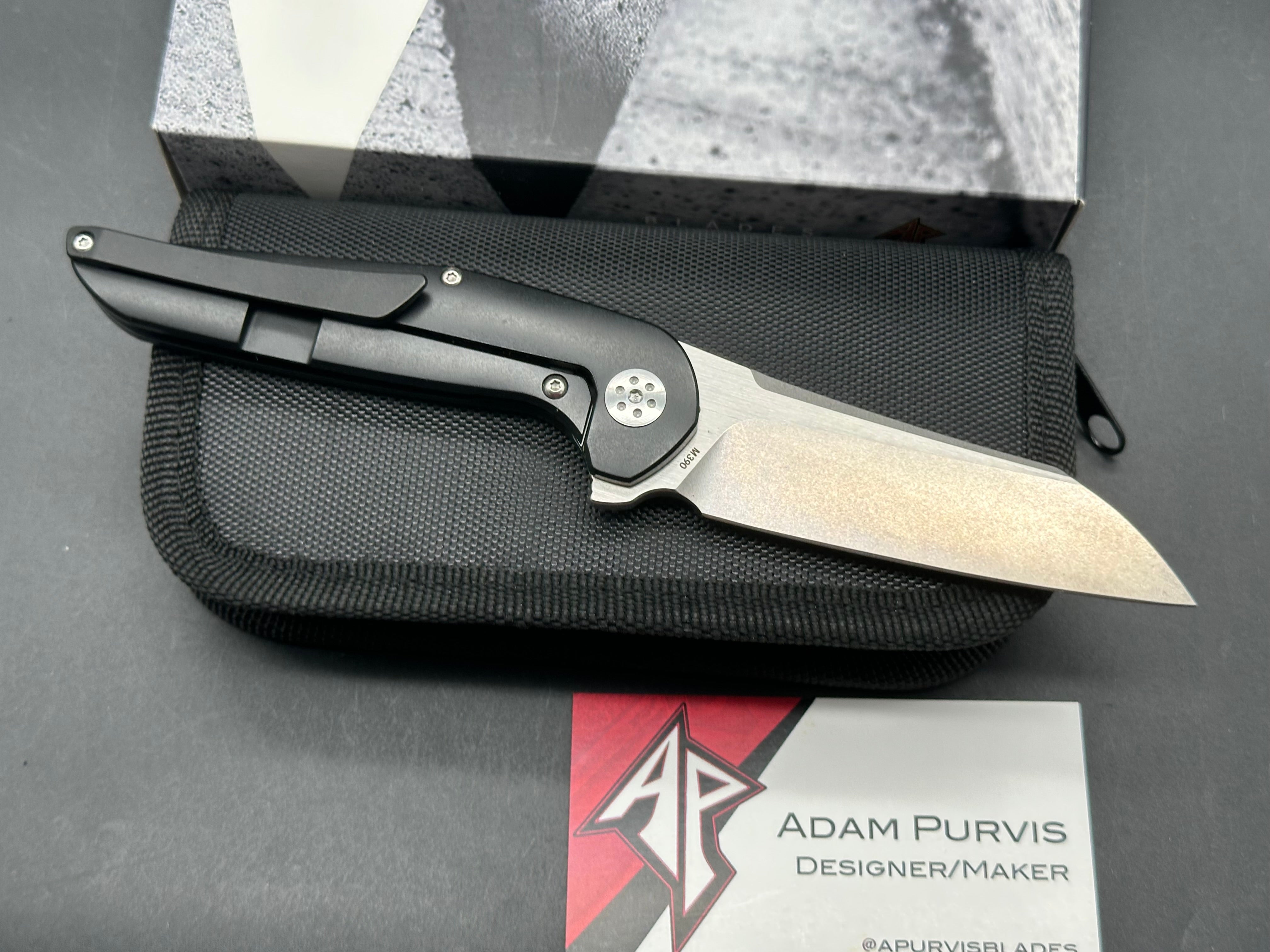 APurvis Blades Progeny V1, Stonewashed M390 Blade with Satin Flats, Black PVD Titanium Handles