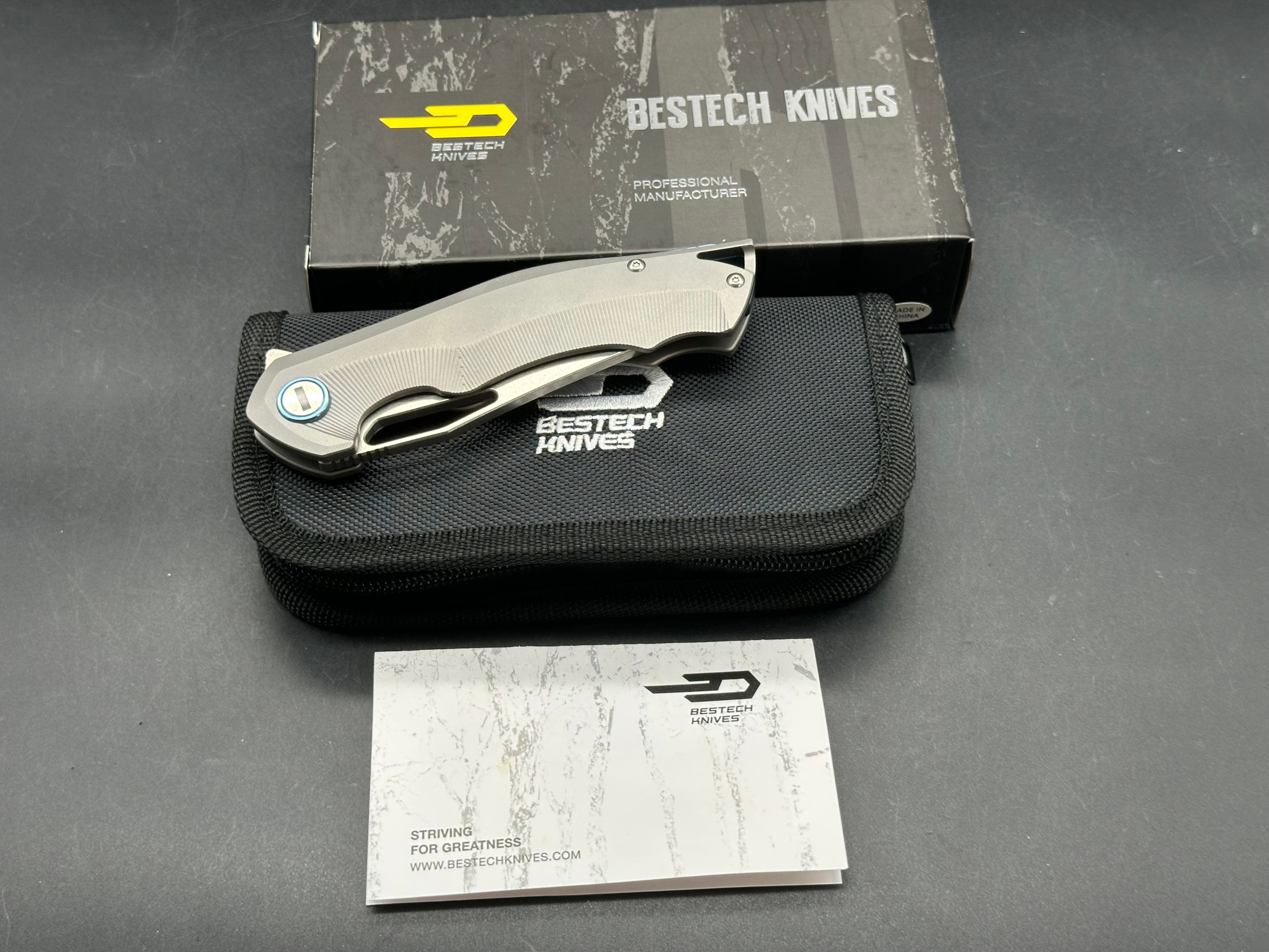 Bestech Tercel (BT1708B), Stonewashed CPM-S35VN Blade, Bead Blasted Titanium Handles, Blue Anodized Backspacer