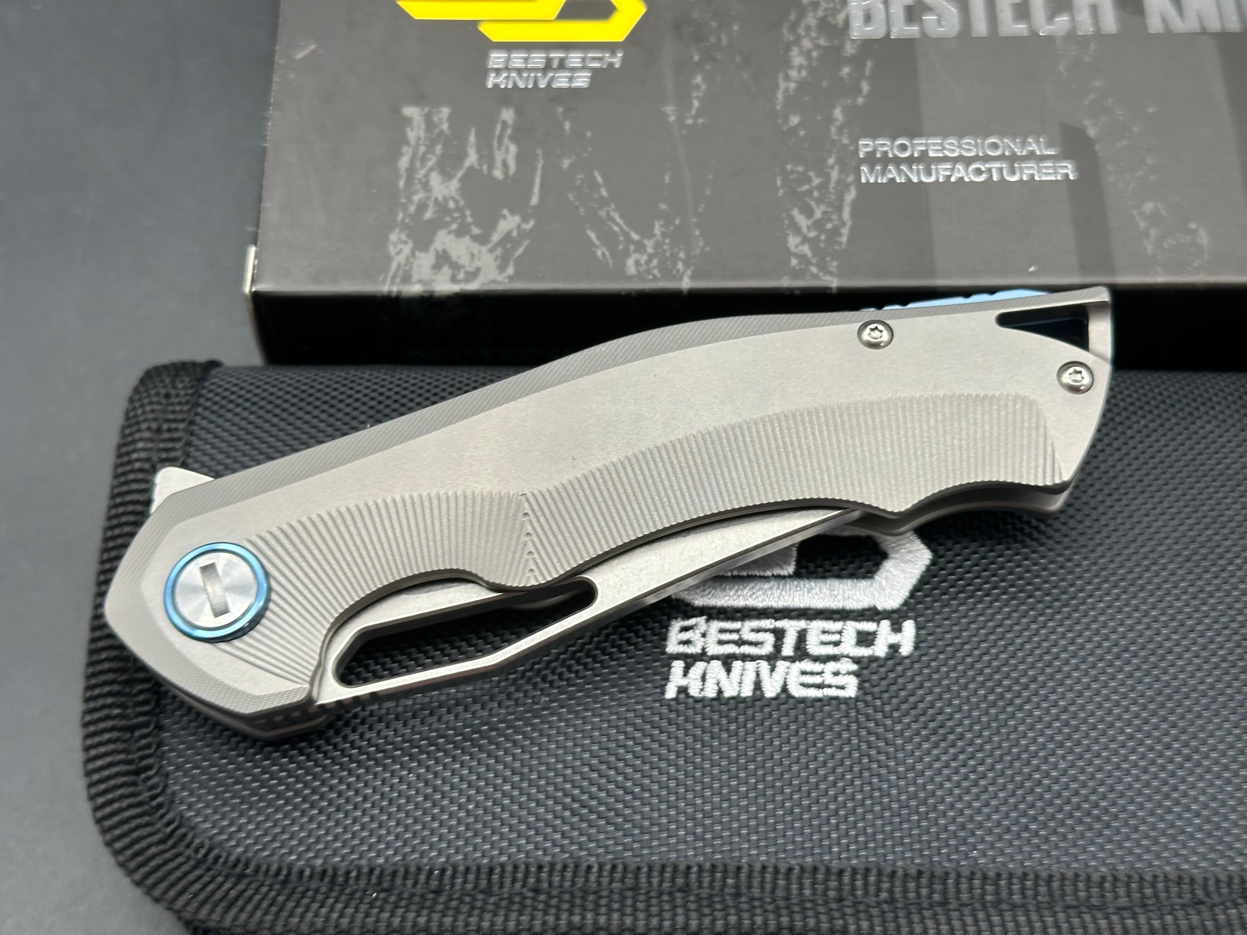 Bestech Tercel (BT1708B), Stonewashed CPM-S35VN Blade, Bead Blasted Titanium Handles, Blue Anodized Backspacer