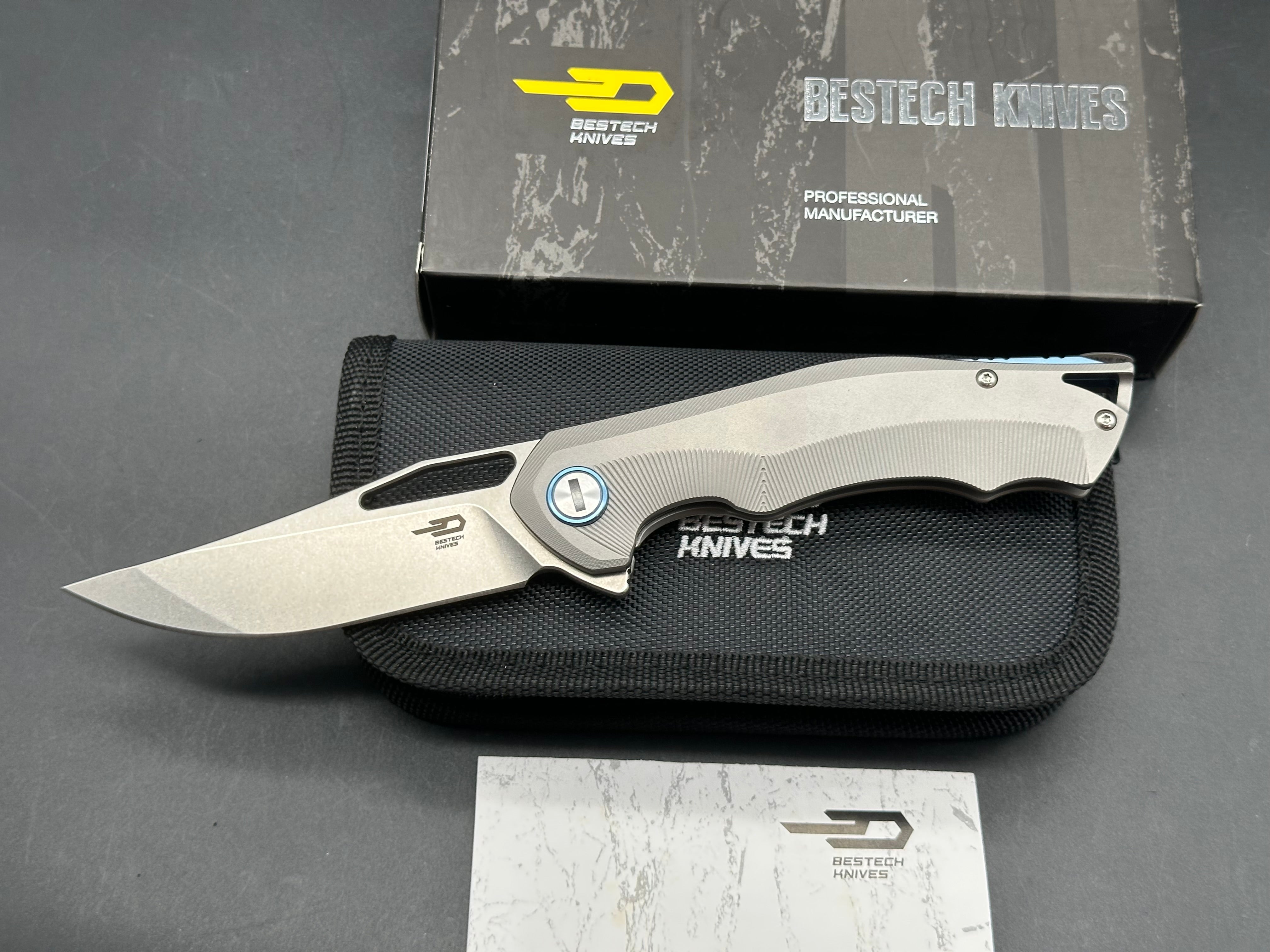 Bestech Tercel (BT1708B), Stonewashed CPM-S35VN Blade, Bead Blasted Titanium Handles, Blue Anodized Backspacer