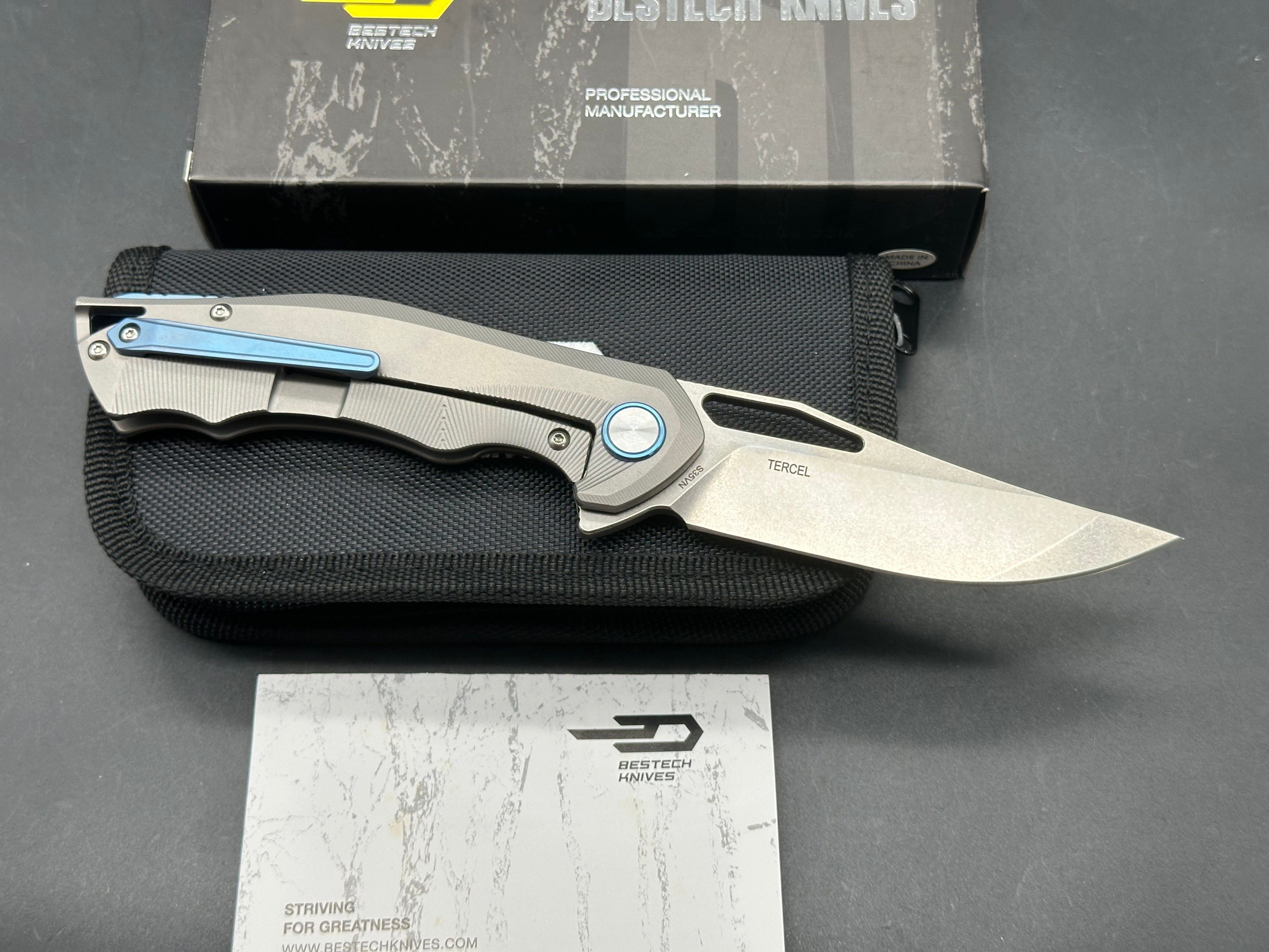 Bestech Tercel (BT1708B), Stonewashed CPM-S35VN Blade, Bead Blasted Titanium Handles, Blue Anodized Backspacer