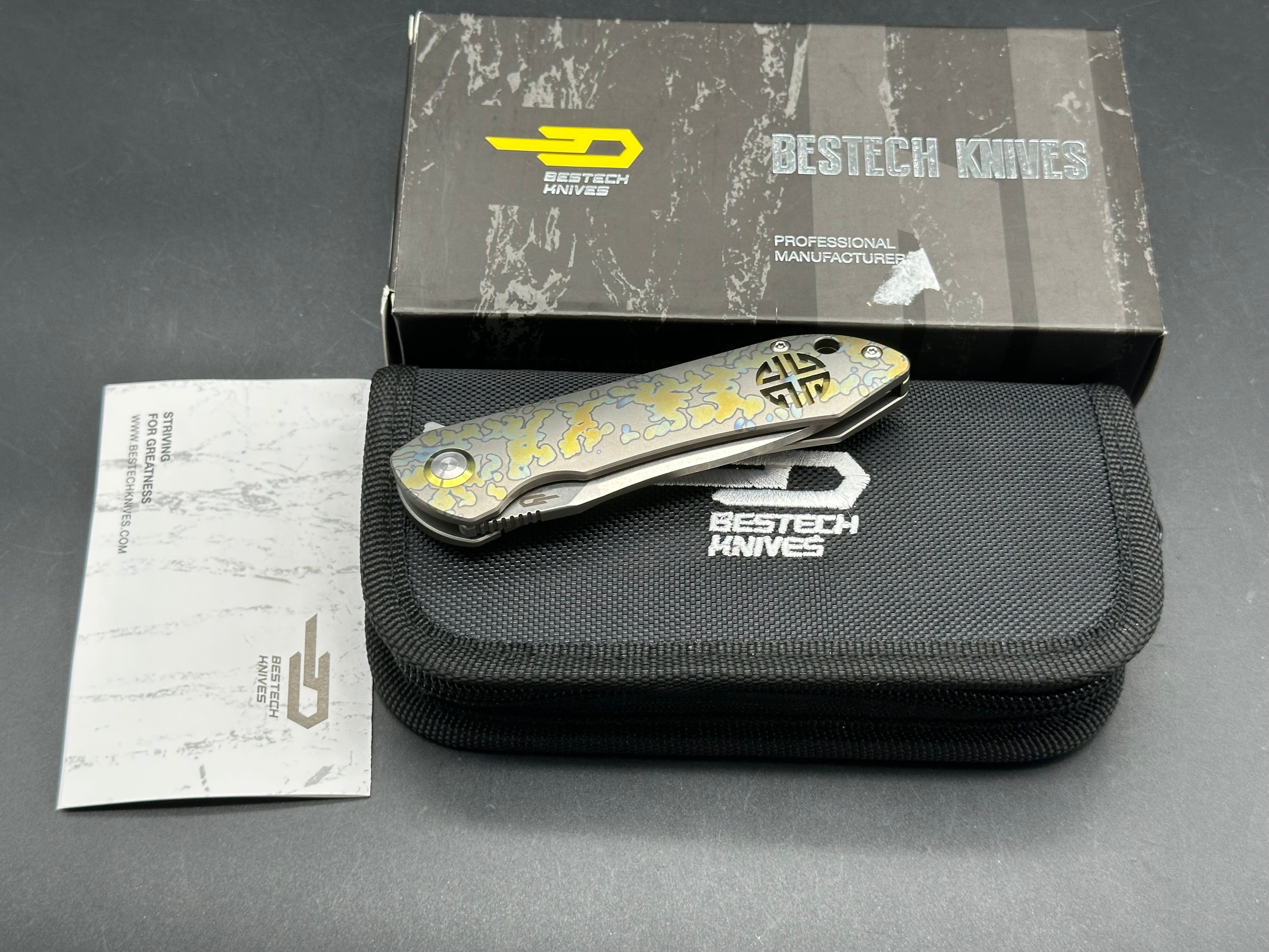 Bestech Emperor Medium 3.1 Inch Stonewashed CPM-S35VN Blade, Bronze/Gold/Blue Anodized Titanium Handles