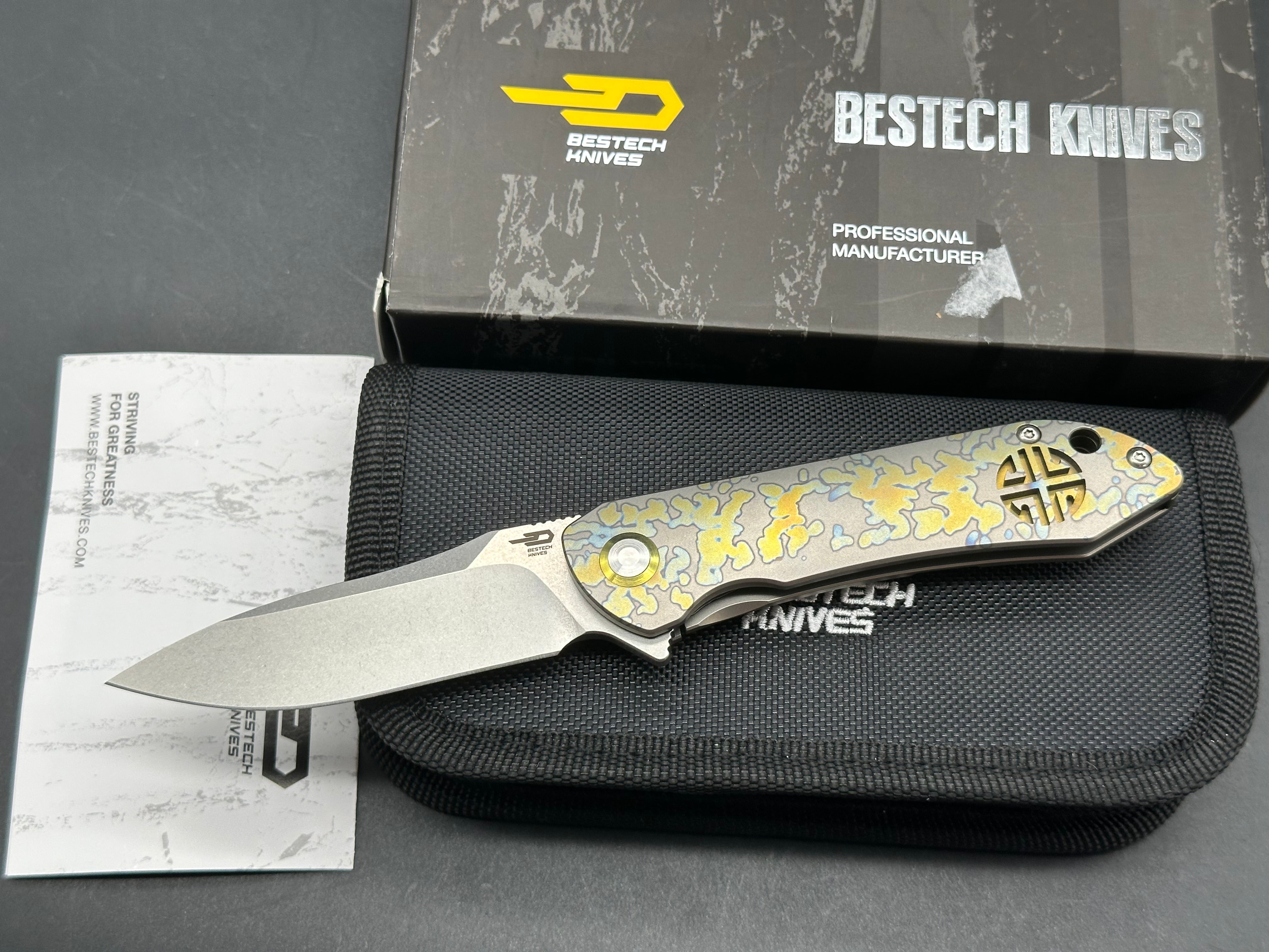 Bestech Emperor Medium 3.1 Inch Stonewashed CPM-S35VN Blade, Bronze/Gold/Blue Anodized Titanium Handles