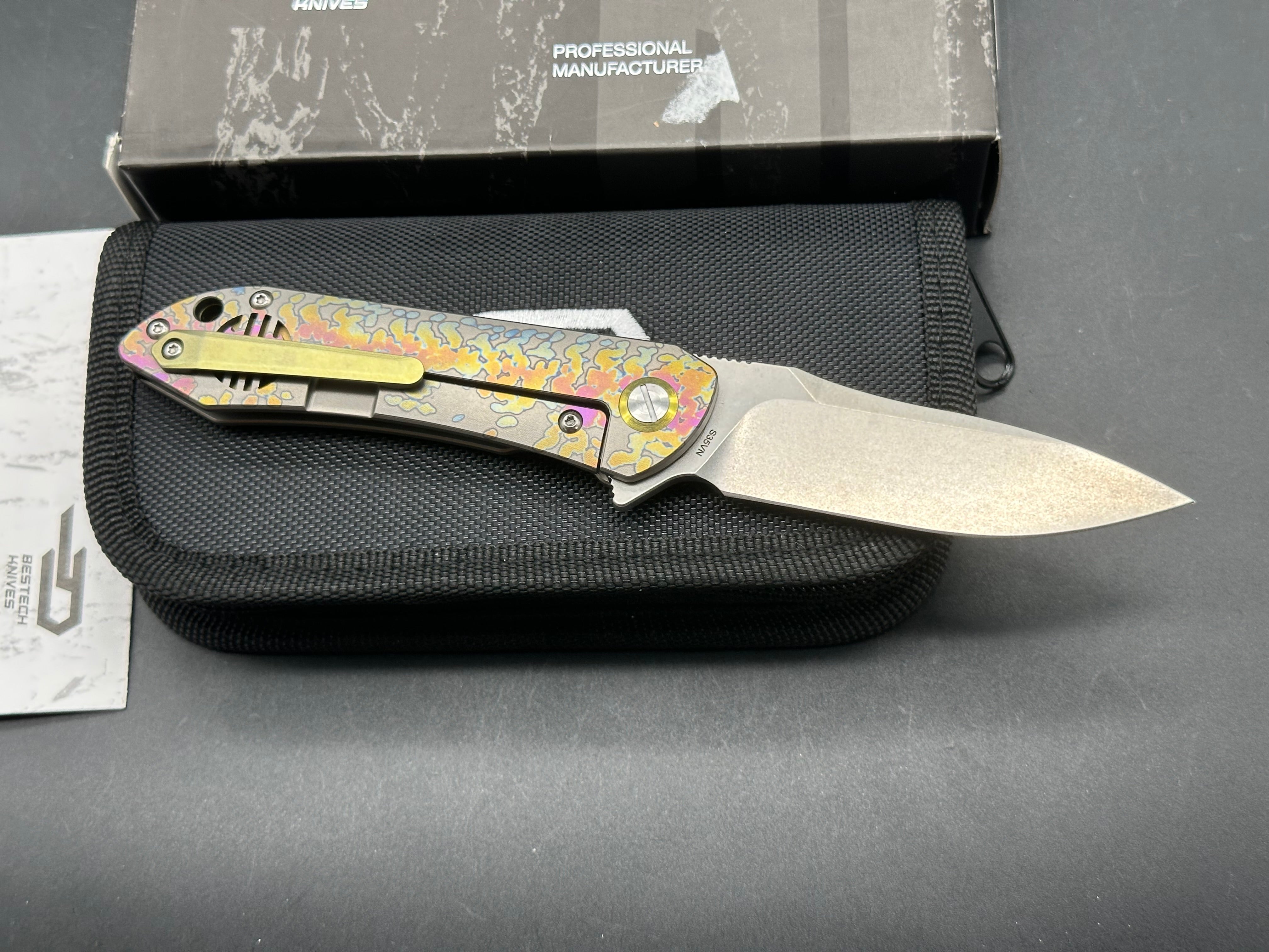 Bestech Emperor Medium 3.1 Inch Stonewashed CPM-S35VN Blade, Bronze/Gold/Blue Anodized Titanium Handles
