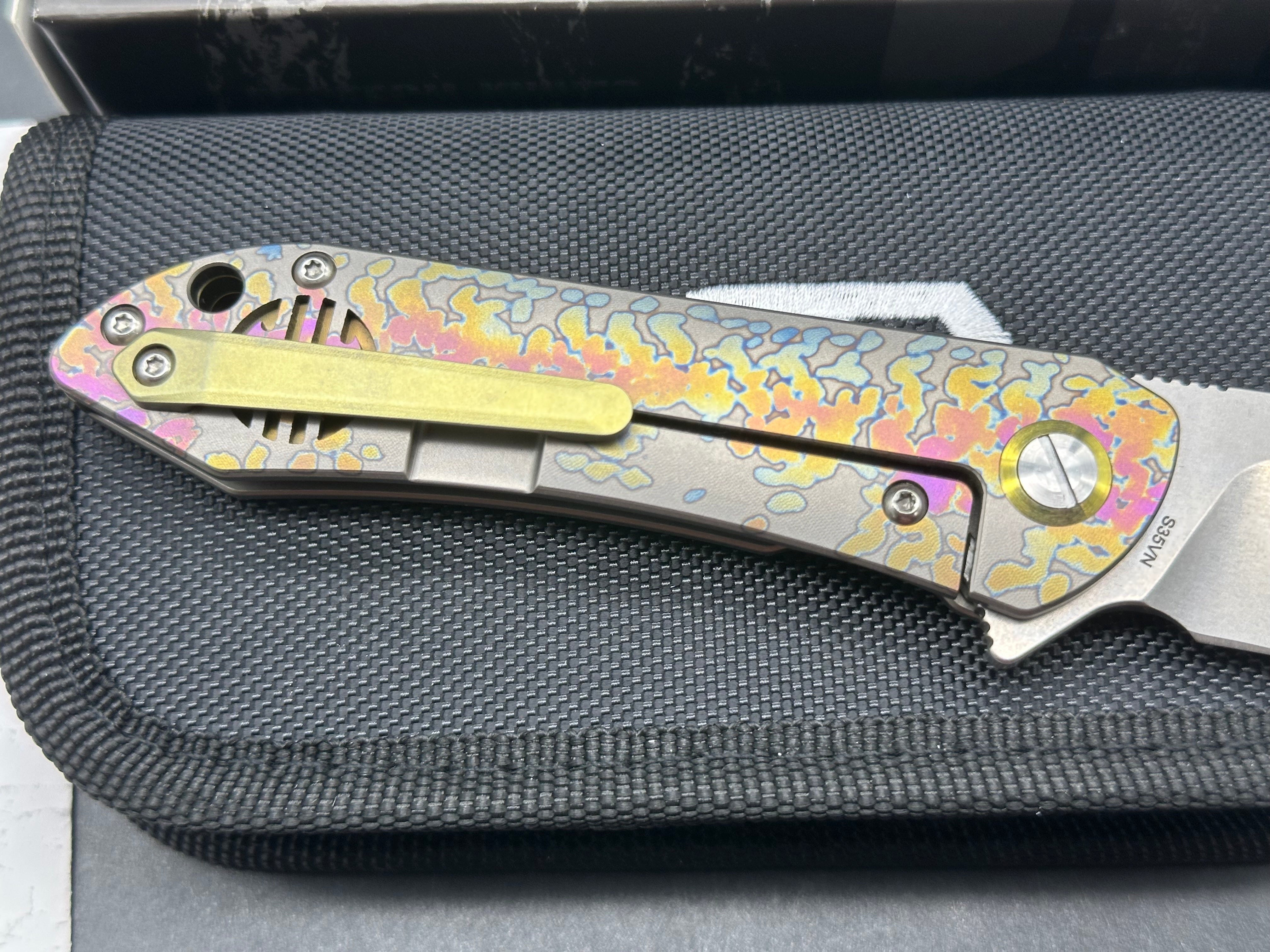 Bestech Emperor Medium 3.1 Inch Stonewashed CPM-S35VN Blade, Bronze/Gold/Blue Anodized Titanium Handles