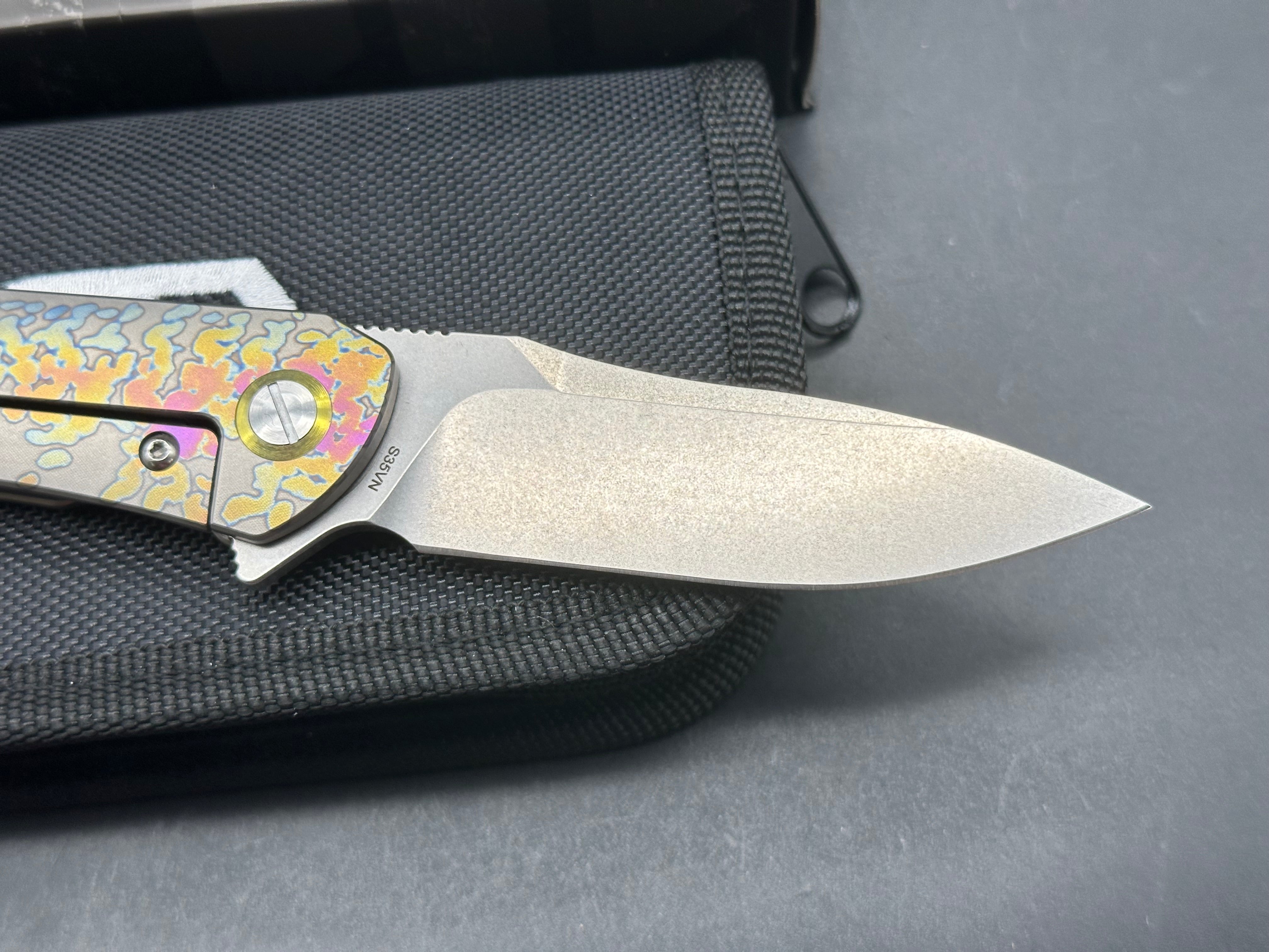 Bestech Emperor Medium 3.1 Inch Stonewashed CPM-S35VN Blade, Bronze/Gold/Blue Anodized Titanium Handles