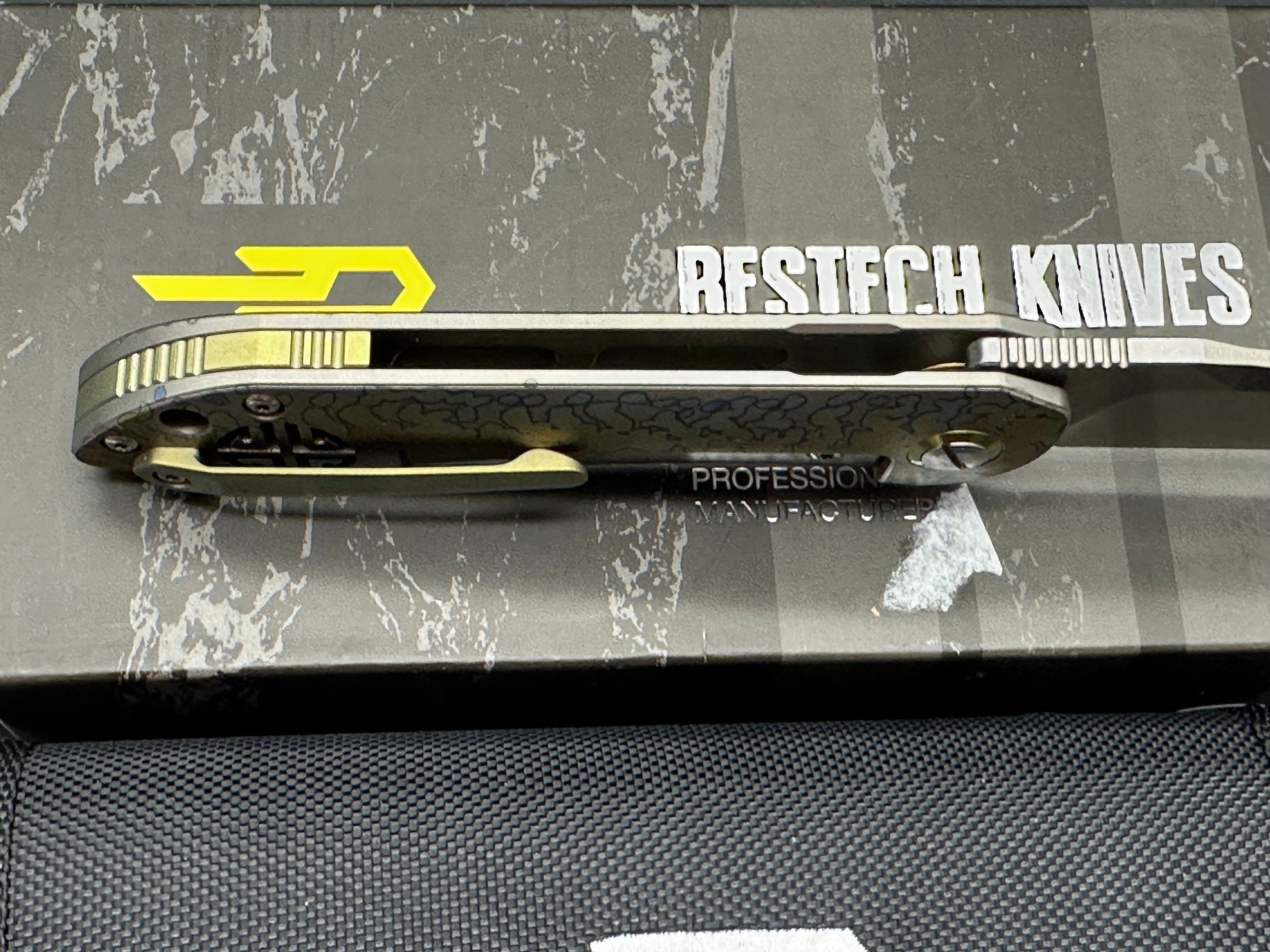 Bestech Emperor Medium 3.1 Inch Stonewashed CPM-S35VN Blade, Bronze/Gold/Blue Anodized Titanium Handles